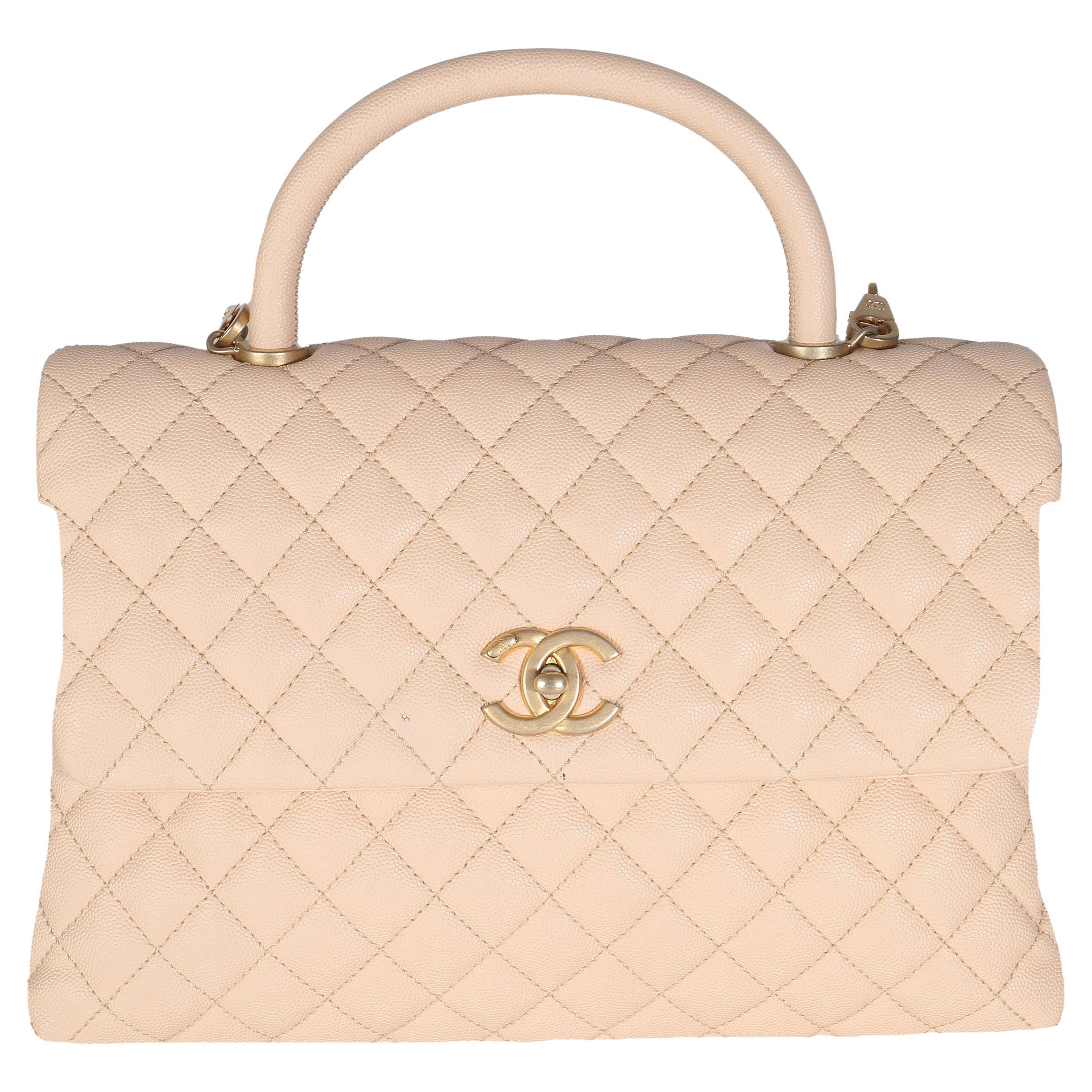 Chanel Beige Quilted Caviar Medium Coco Top Handle Handbag For Sale