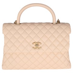 Chanel Beige Quilted Caviar Medium Coco Top Handle Handbag
