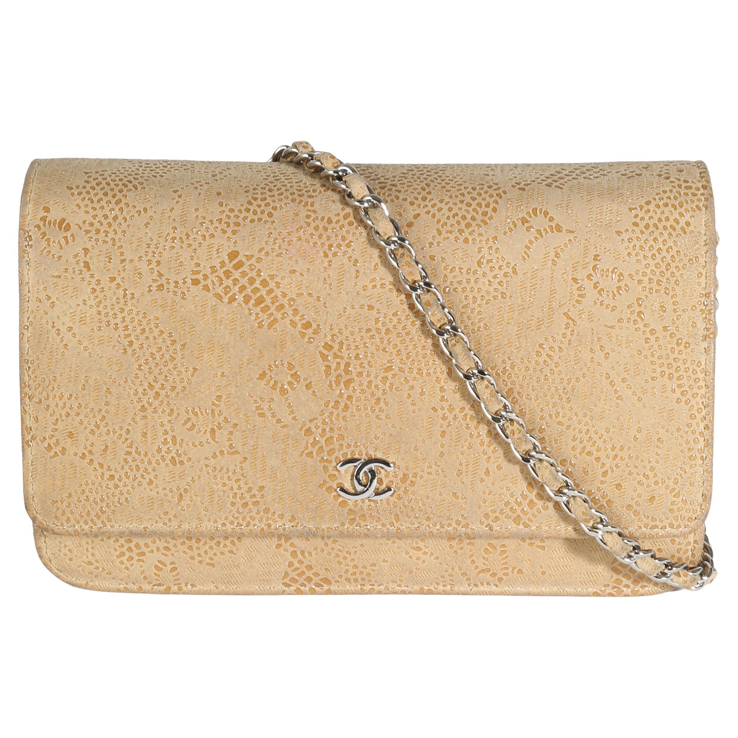 Chanel Beige Suede Lace Over Wallet On Chain For Sale