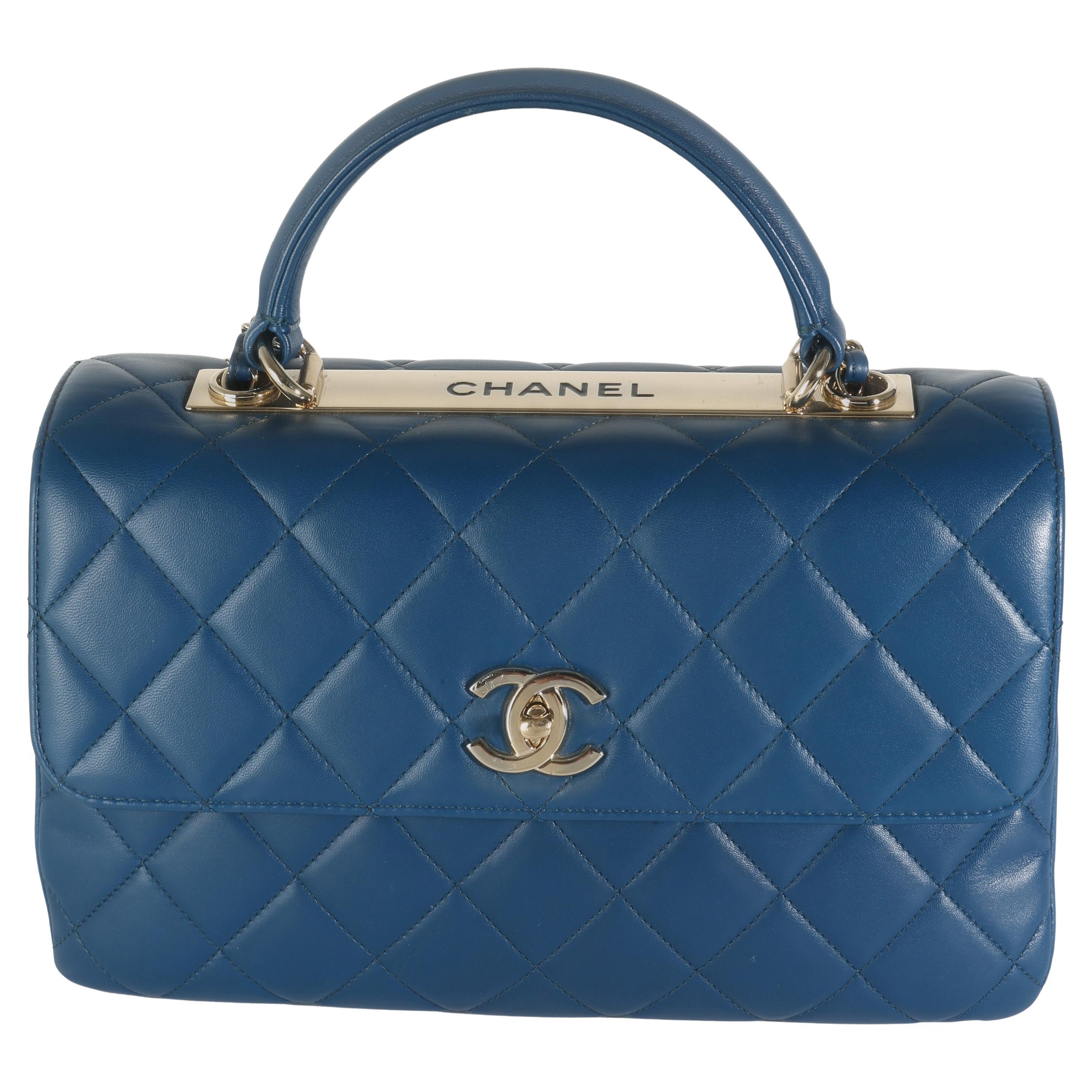 Chanel Navy Quilted Lambskin Medium Trendy Top Handle Bag