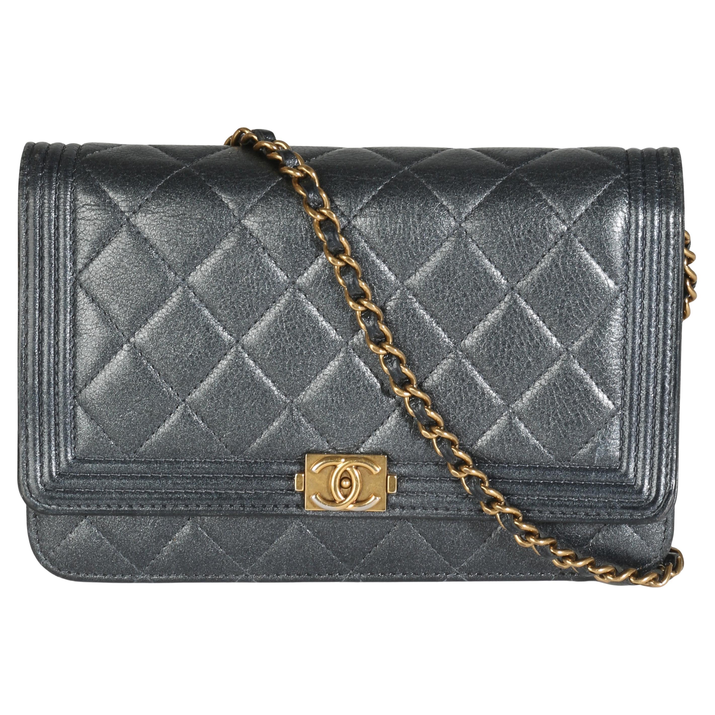 Chanel Gunmetal Quilted Lambskin Boy Wallet On Chain For Sale