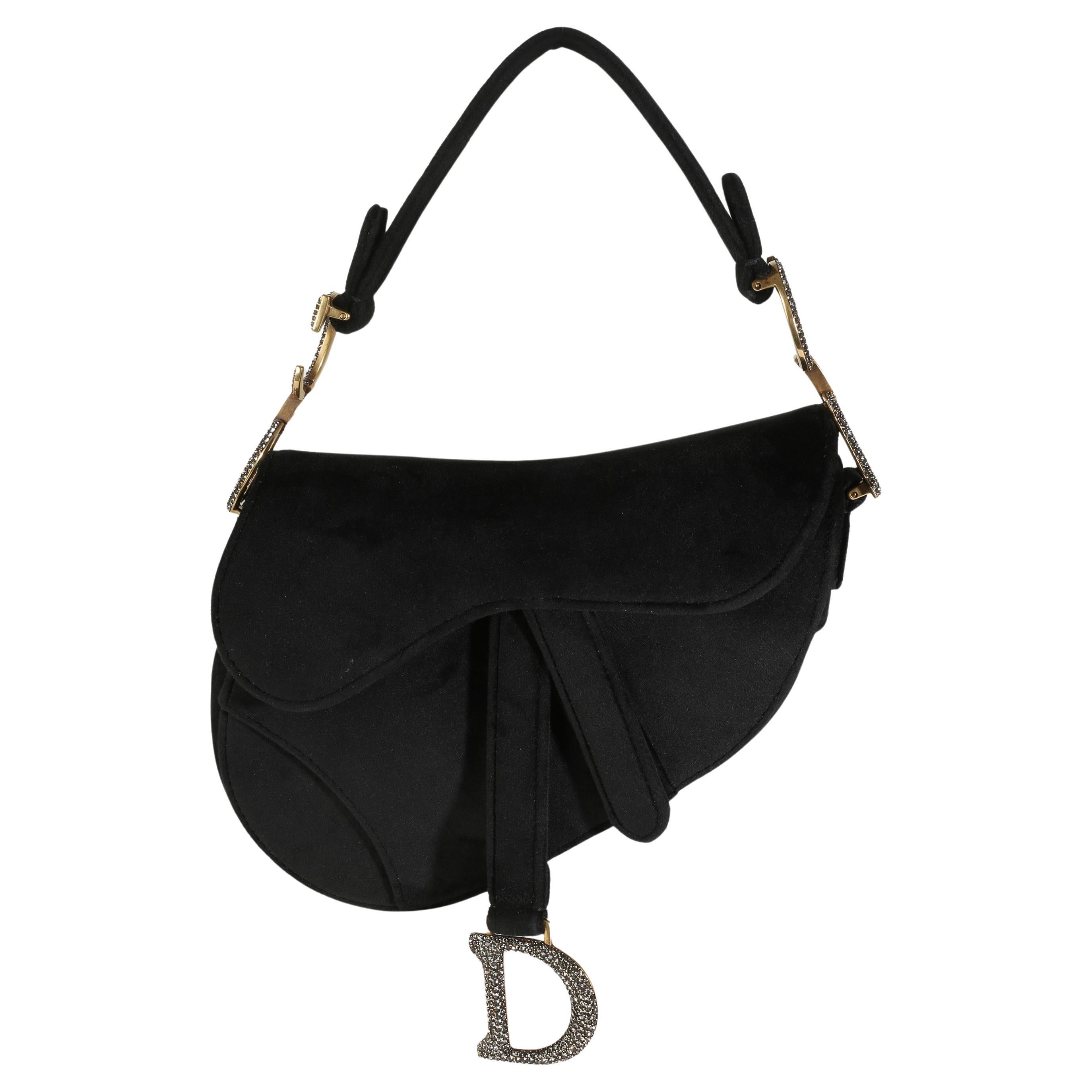 Christian Dior Black Velvet Crystal Mini Saddle Bag For Sale