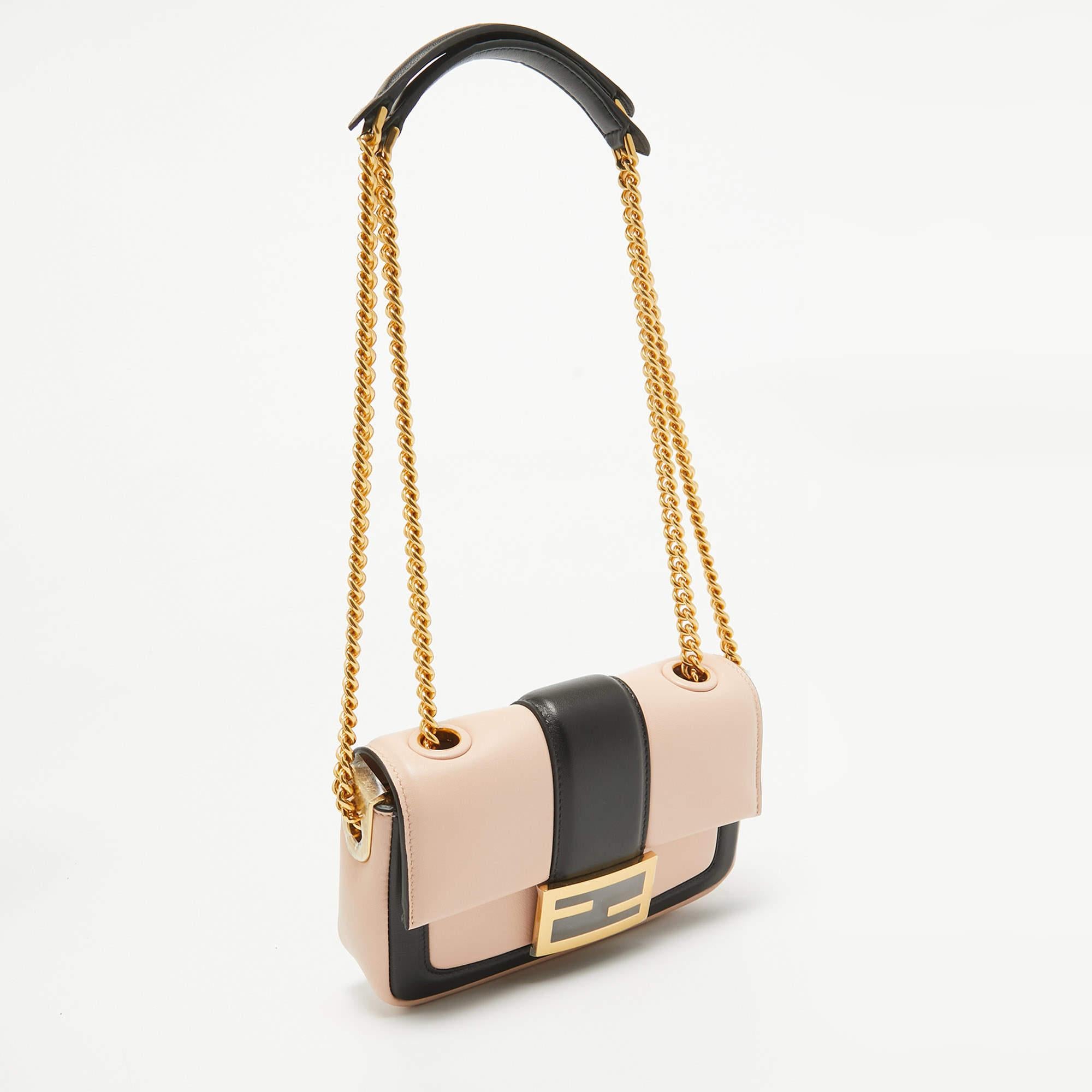 Beige Fendi Pink/Black Leather Mini Baguette Chain Bag