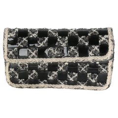 Chanel Black White Tweed Woven Patent Medium Flap Bag