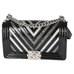 Chanel Black Patent Chevron Glitter PVC Old Medium Boy Bag