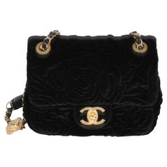 Chanel Black Camellia Embossed Velvet Mini Square Flap Bag