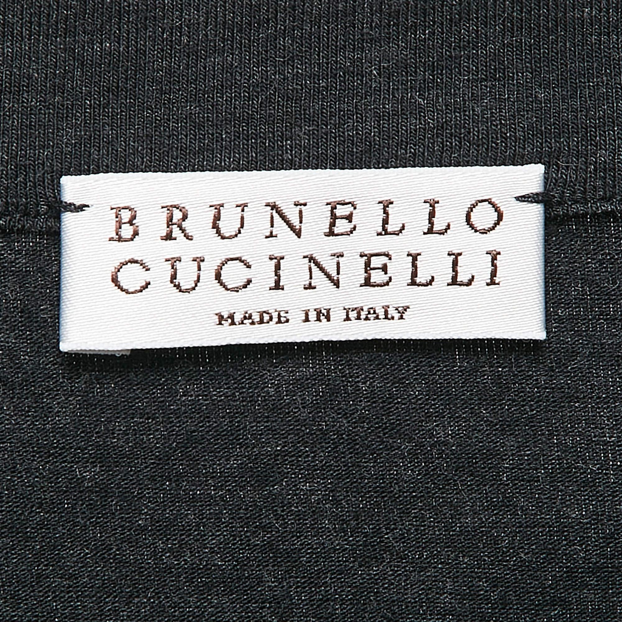 Brunello Cucinelli Grigio/Beige Maglietta a maniche lunghe in cotone con dettaglio Monili XL In condizioni buone in vendita a Dubai, Al Qouz 2