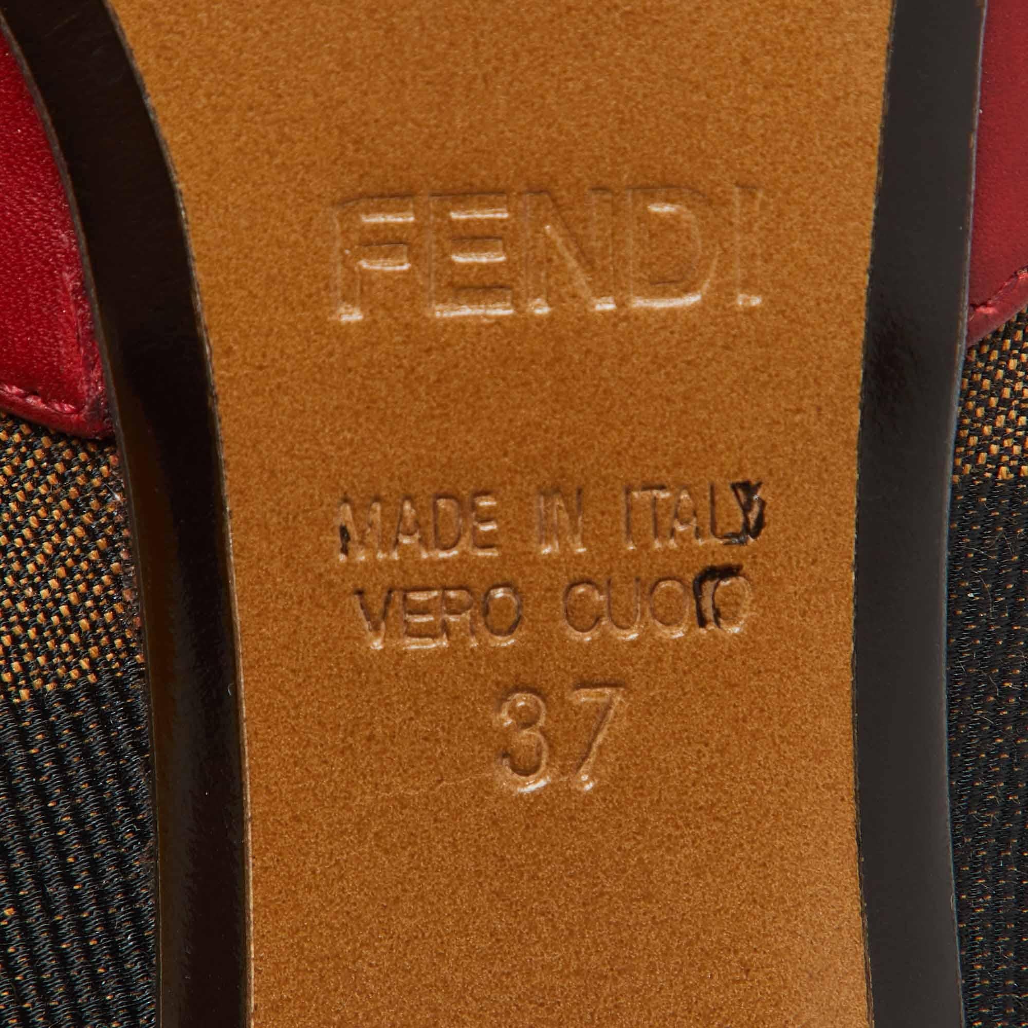 Fendi Red/Brown Leather and Pequin Canvas Bow Pumps Size 37 For Sale 3