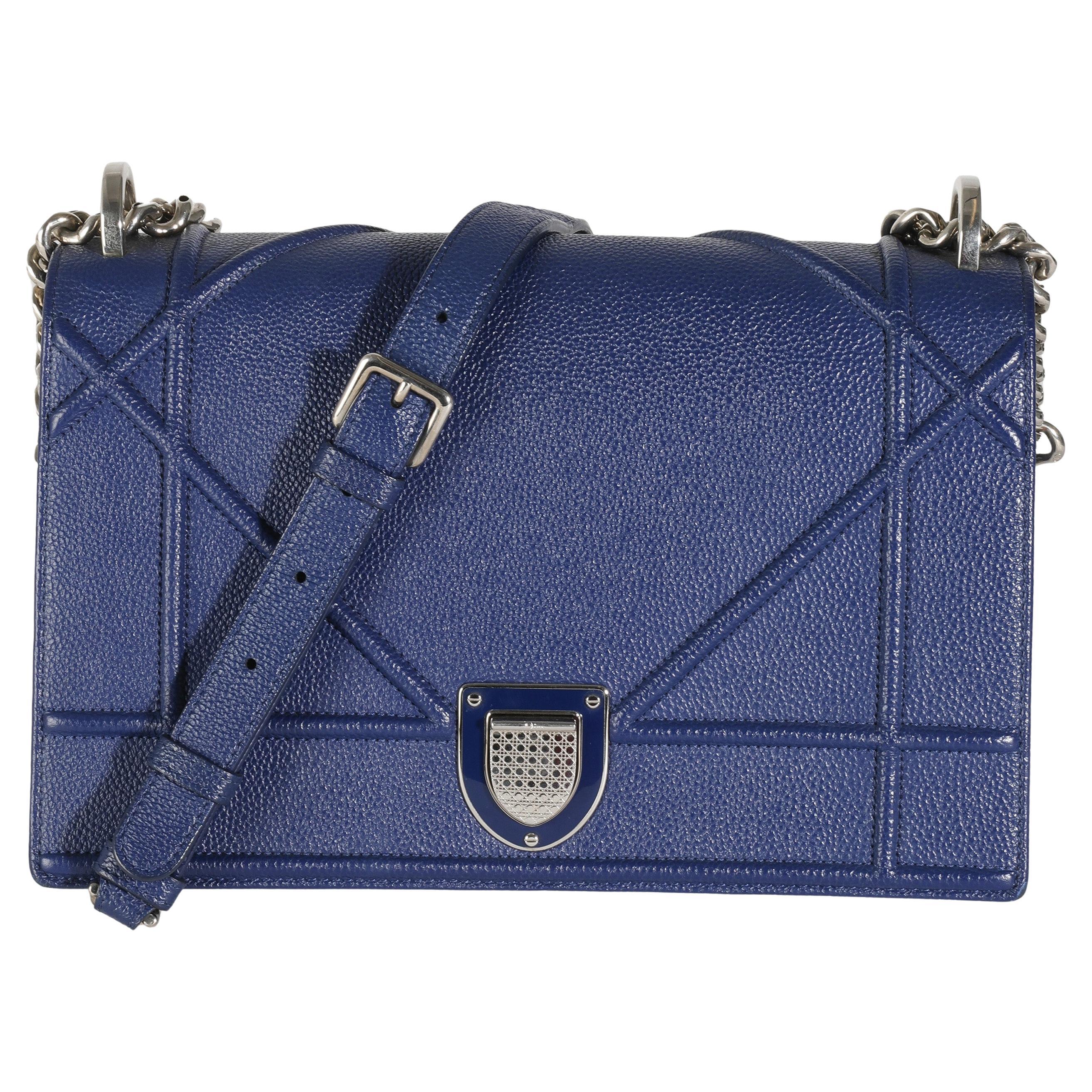 Christian Dior Navy Grained Calfskin Medium Diorama Flap Bag For Sale