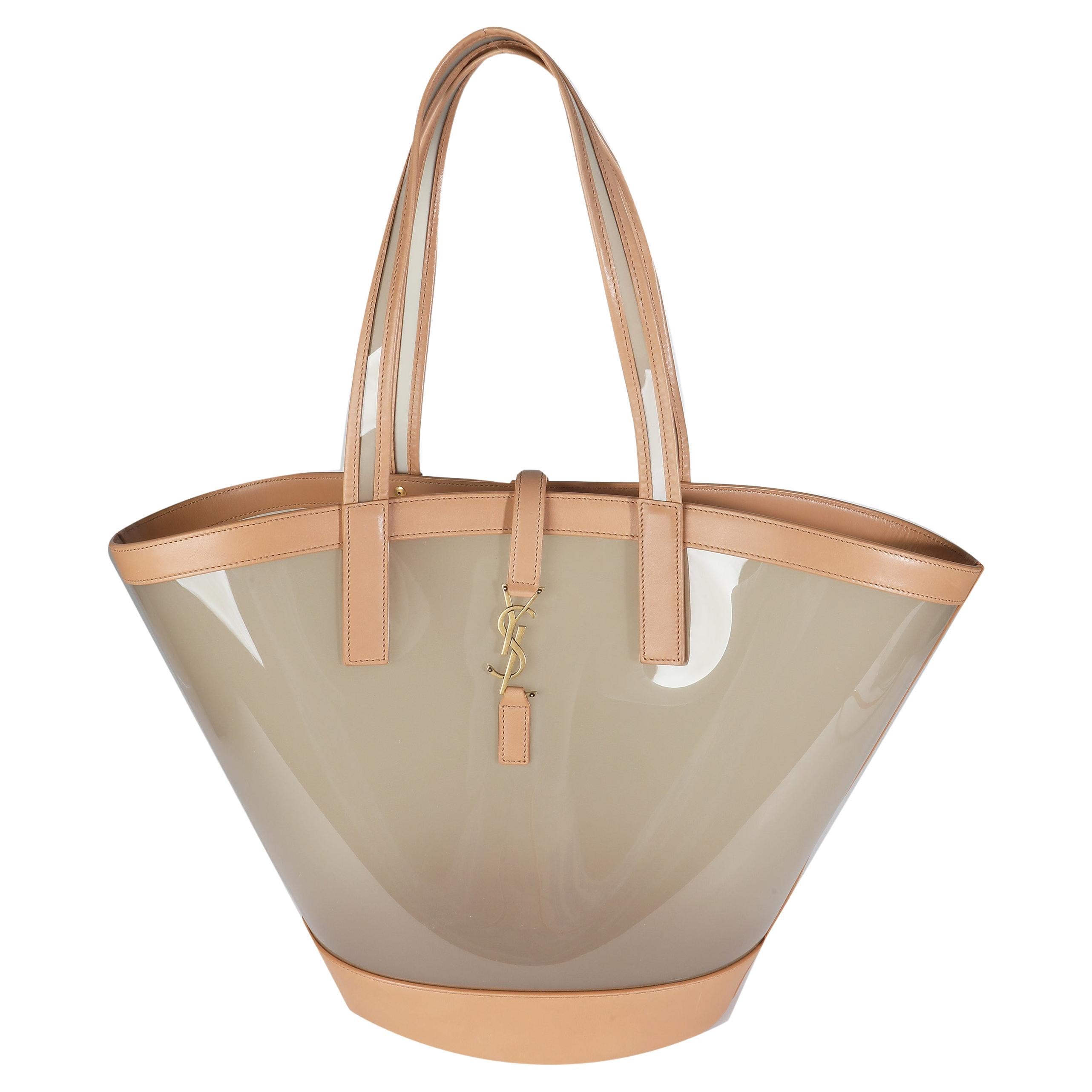 Saint Laurent Hafermilch Brown Gold Medium Panier Vinyl Tote im Angebot