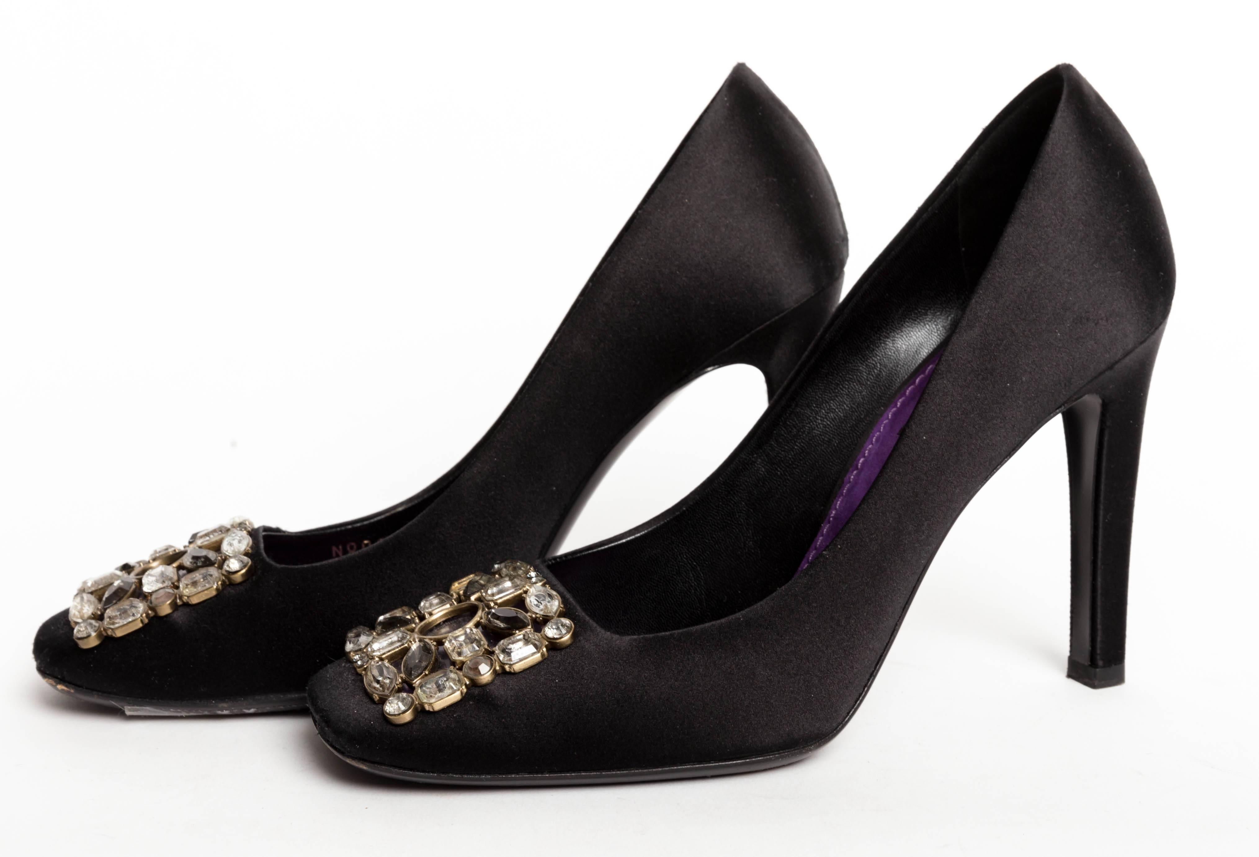 Women's Louis Vuitton Black Silk Pumps with Jeweled Buckles - 37 1/2