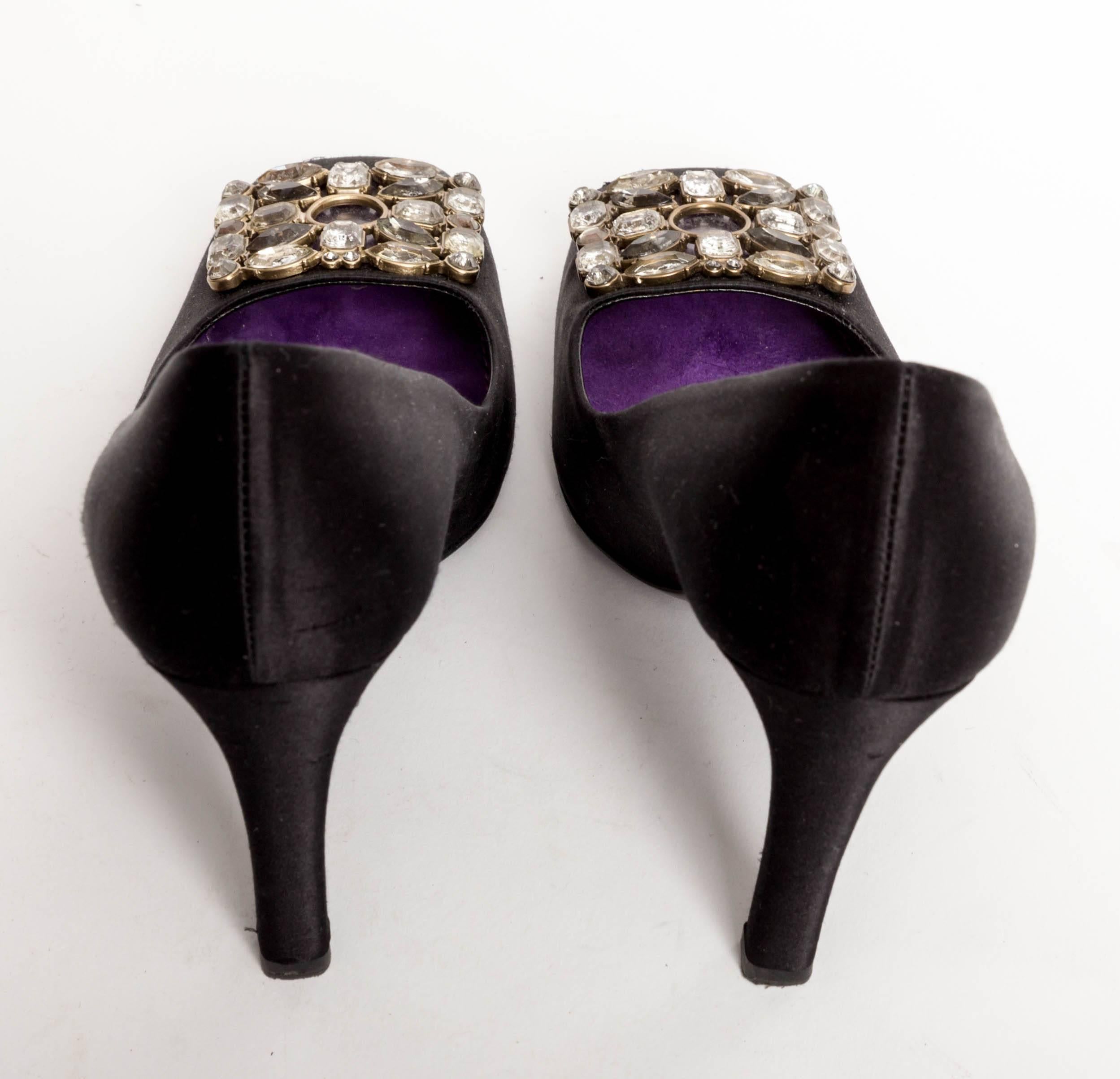 Louis Vuitton Black Silk Pumps with Jeweled Buckles - 37 1/2 1
