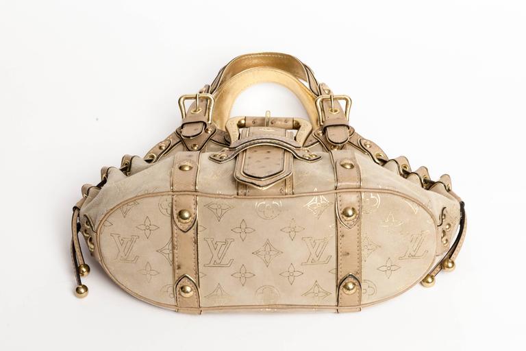 Louis Vuitton $6050 Blue Gold Monogram Suede Theda GM Shoulder Bag