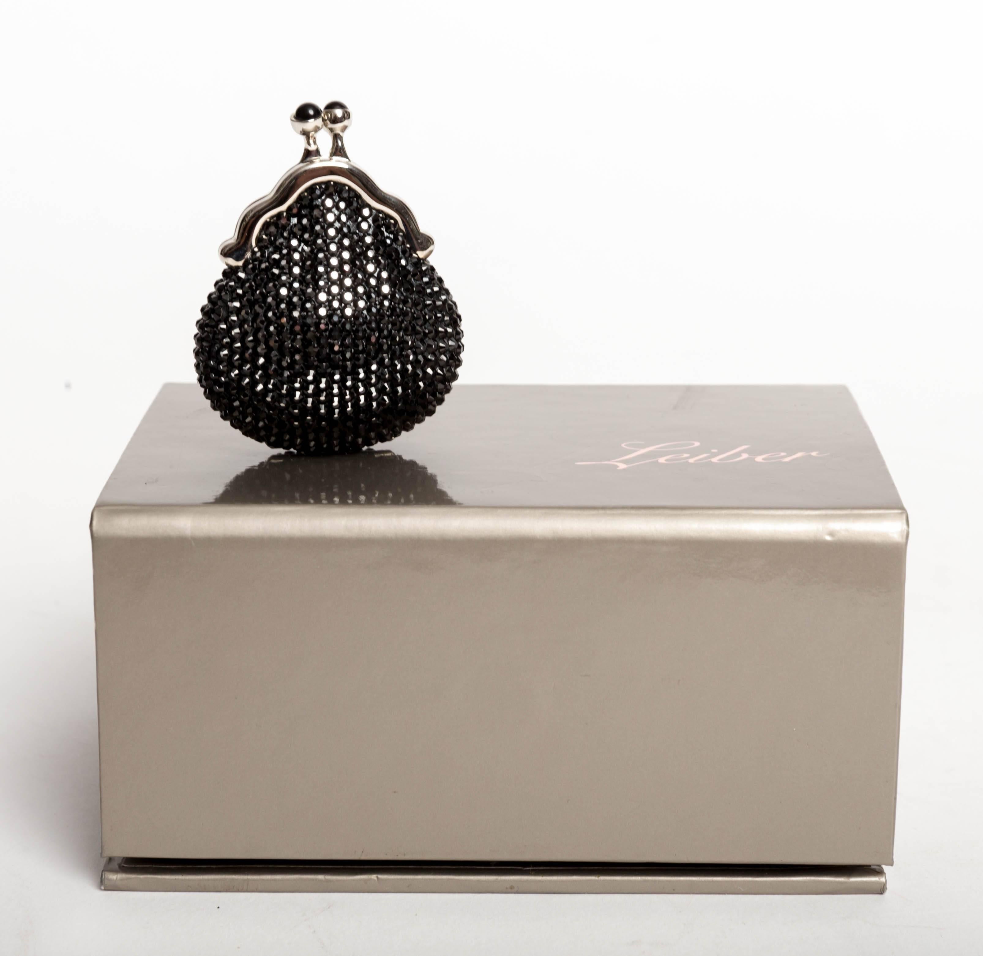 Judith Leiber Black Crystal Pill Box with Onyx Cabochon Clasp In Excellent Condition For Sale In Westhampton Beach, NY