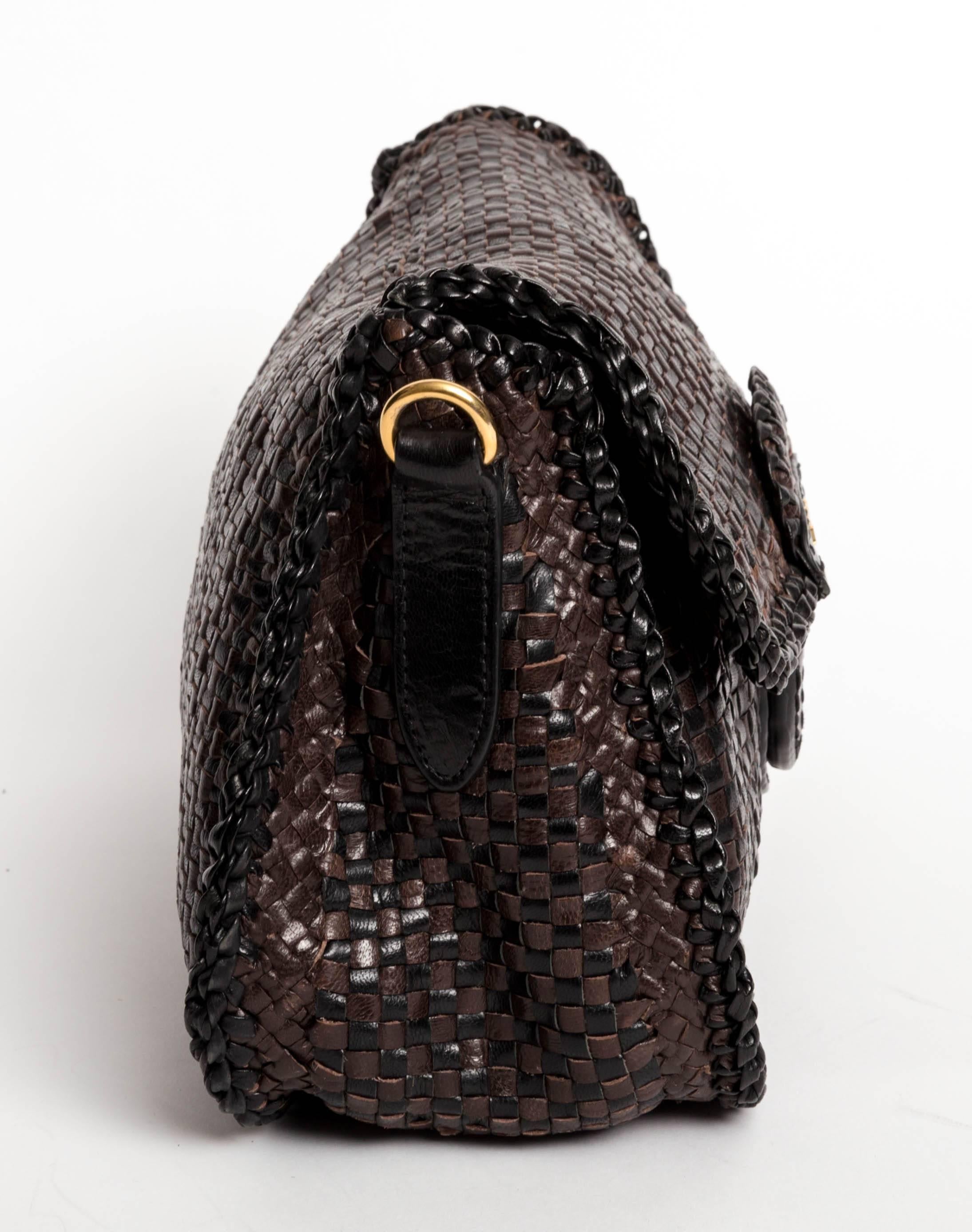 Black Limited Edition Prada Madras Woven Leather Shoulder Bag