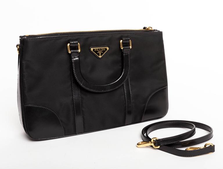 Prada Nylon Bag with Black Leather Top Handles and Strap at 1stDibs
