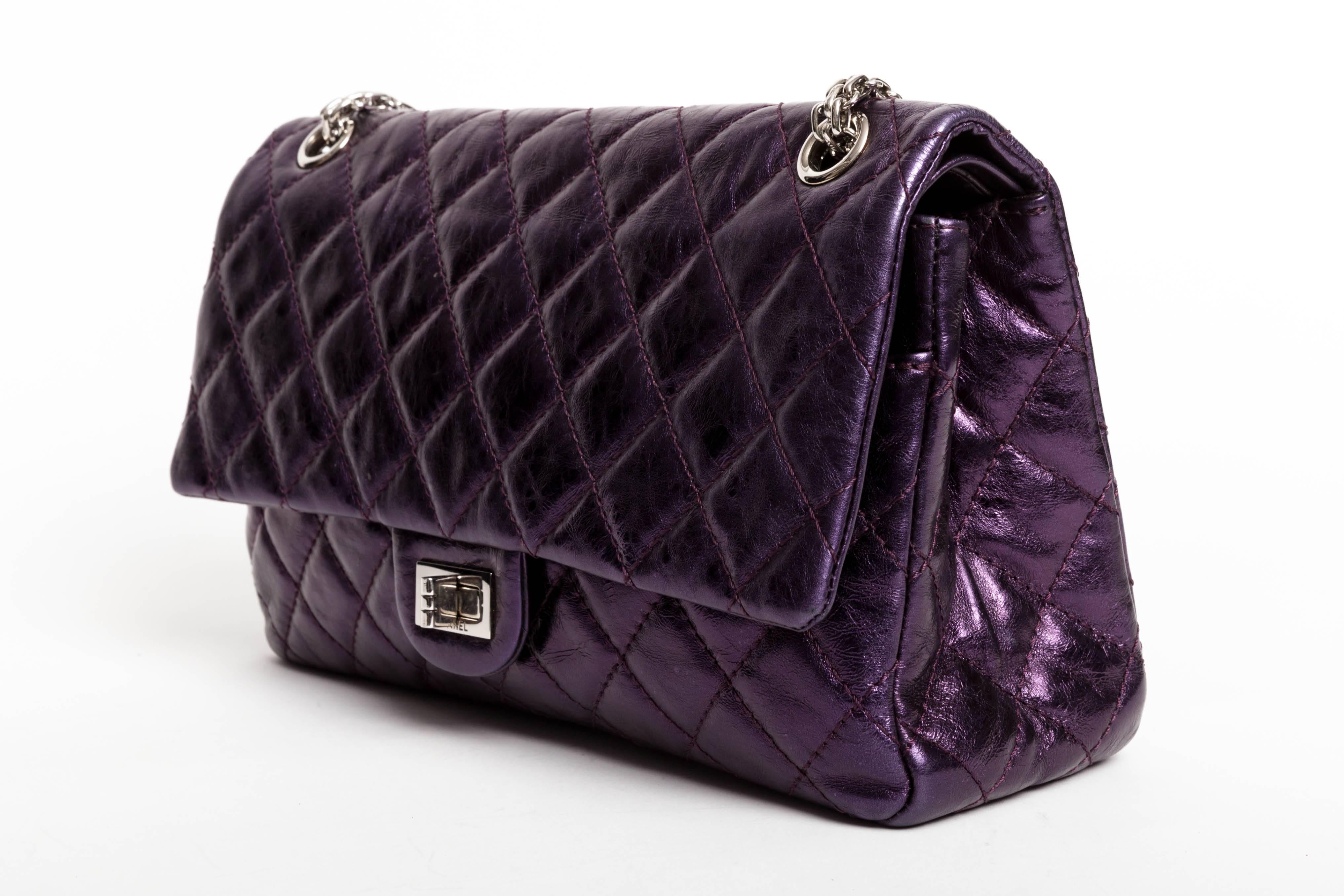 Chanel Purple Metallic Double Flap Reissue with Silver Hardware  In Excellent Condition In Westhampton Beach, NY