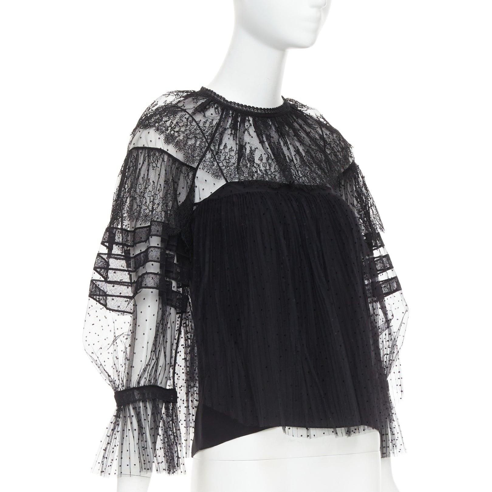 Nero CHRISTIAN DIOR 2017 top vittoriano a righe in pizzo smocked a pois trasparenti FR34 XS in vendita