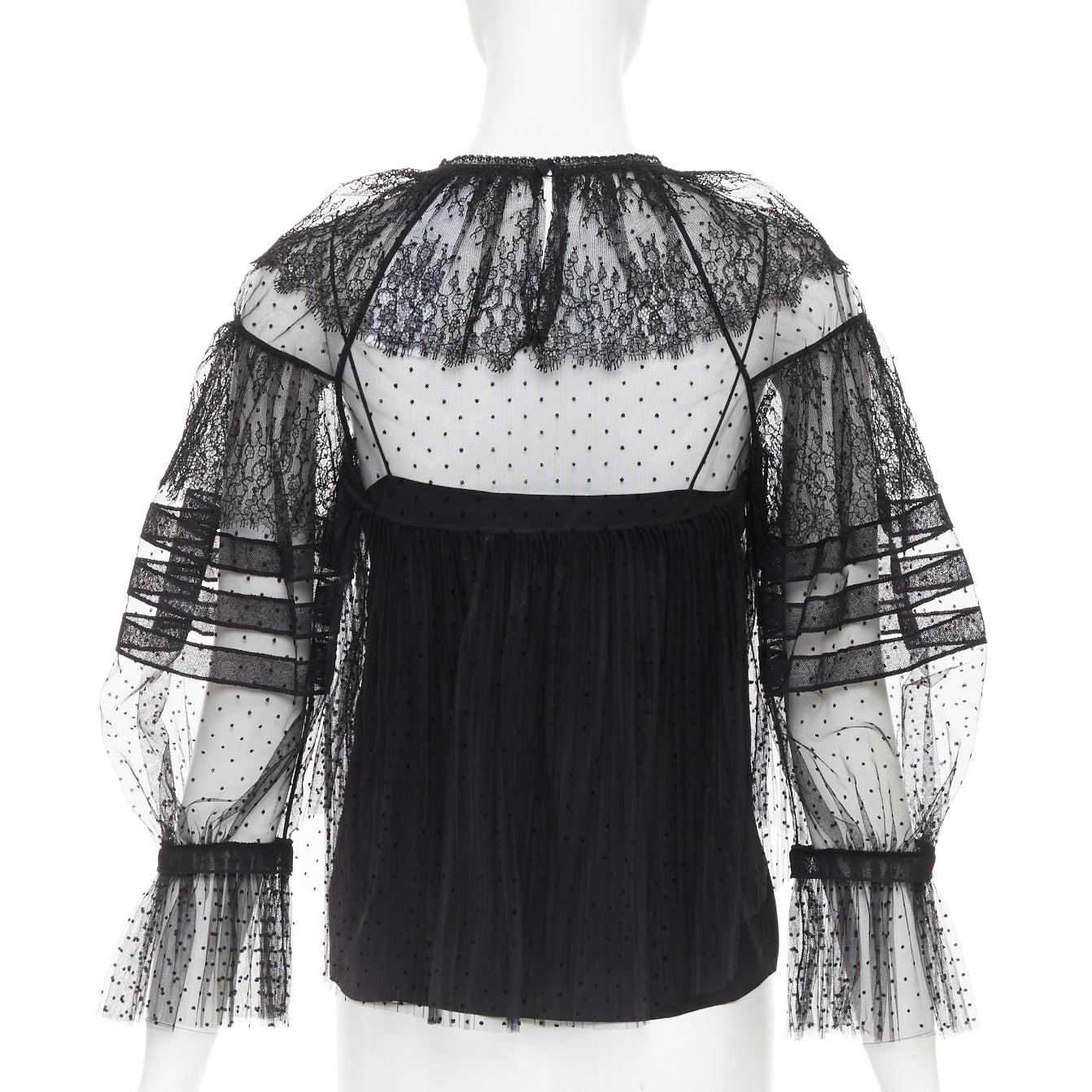 Donna CHRISTIAN DIOR 2017 top vittoriano a righe in pizzo smocked a pois trasparenti FR34 XS in vendita