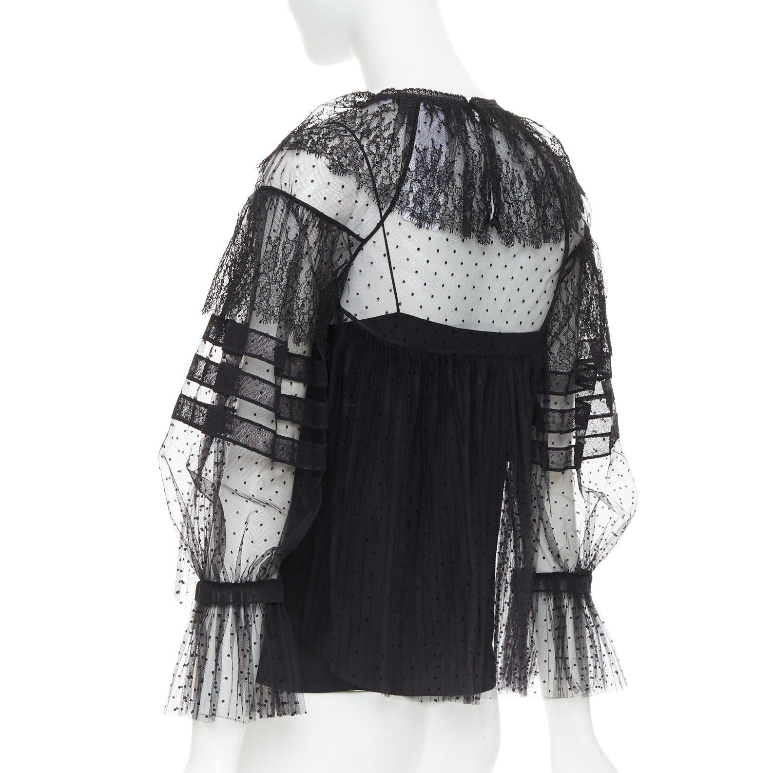 CHRISTIAN DIOR 2017 top vittoriano a righe in pizzo smocked a pois trasparenti FR34 XS in vendita 1