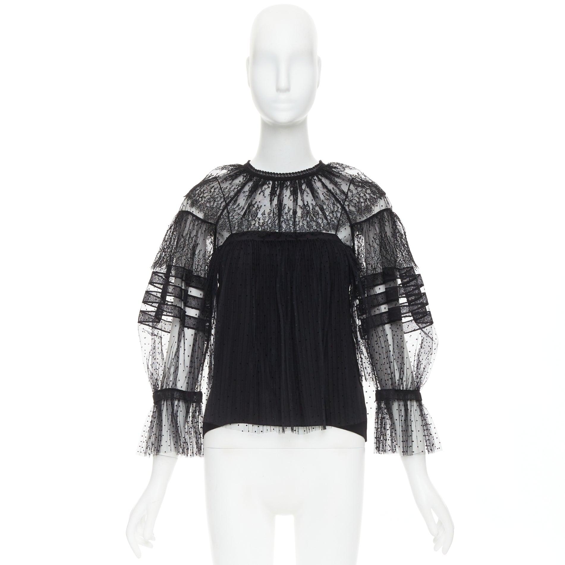 CHRISTIAN DIOR 2017 top vittoriano a righe in pizzo smocked a pois trasparenti FR34 XS in vendita 4