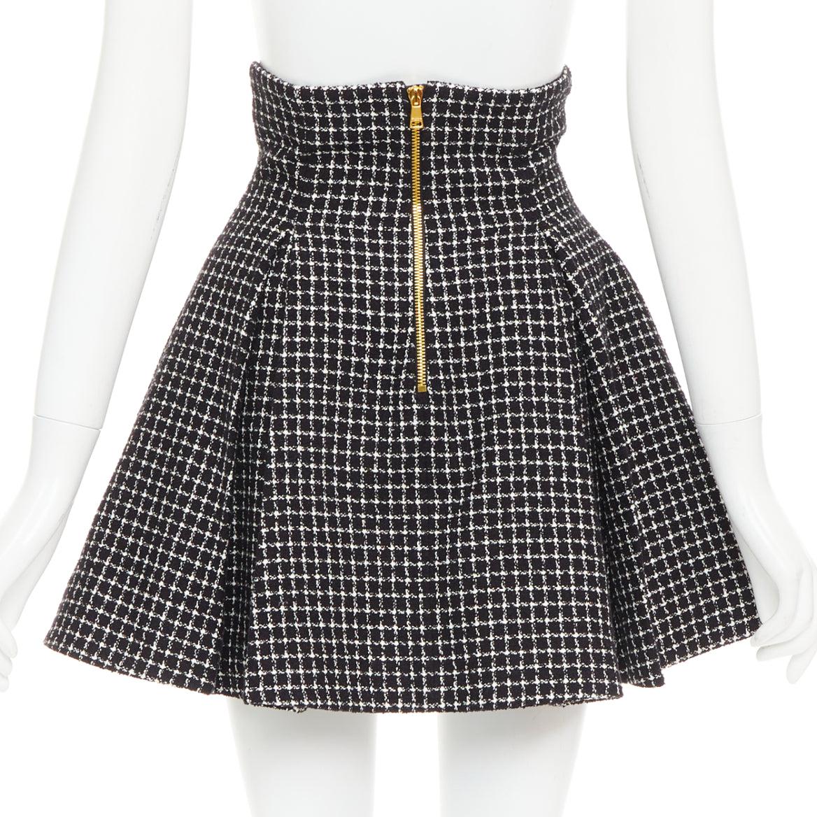 Donna BALMAIN Tulip nero bianco pied de poule in cotone tweed gonna svasata FR34 XS in vendita