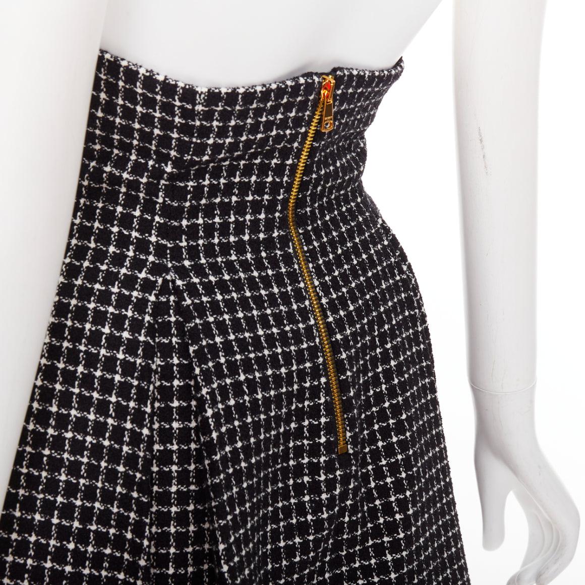 BALMAIN Tulip nero bianco pied de poule in cotone tweed gonna svasata FR34 XS in vendita 2