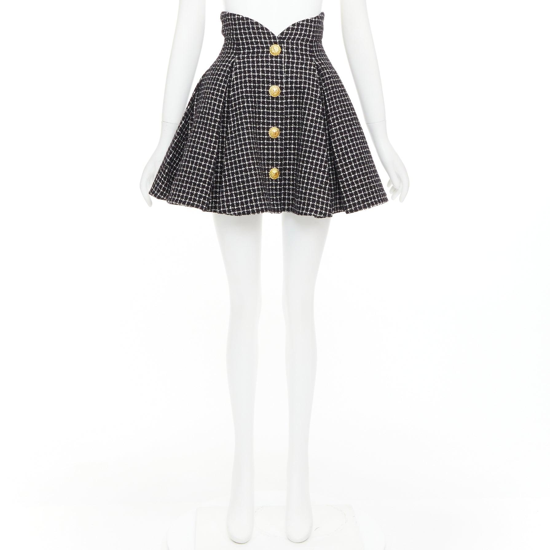 BALMAIN Tulip nero bianco pied de poule in cotone tweed gonna svasata FR34 XS in vendita 4