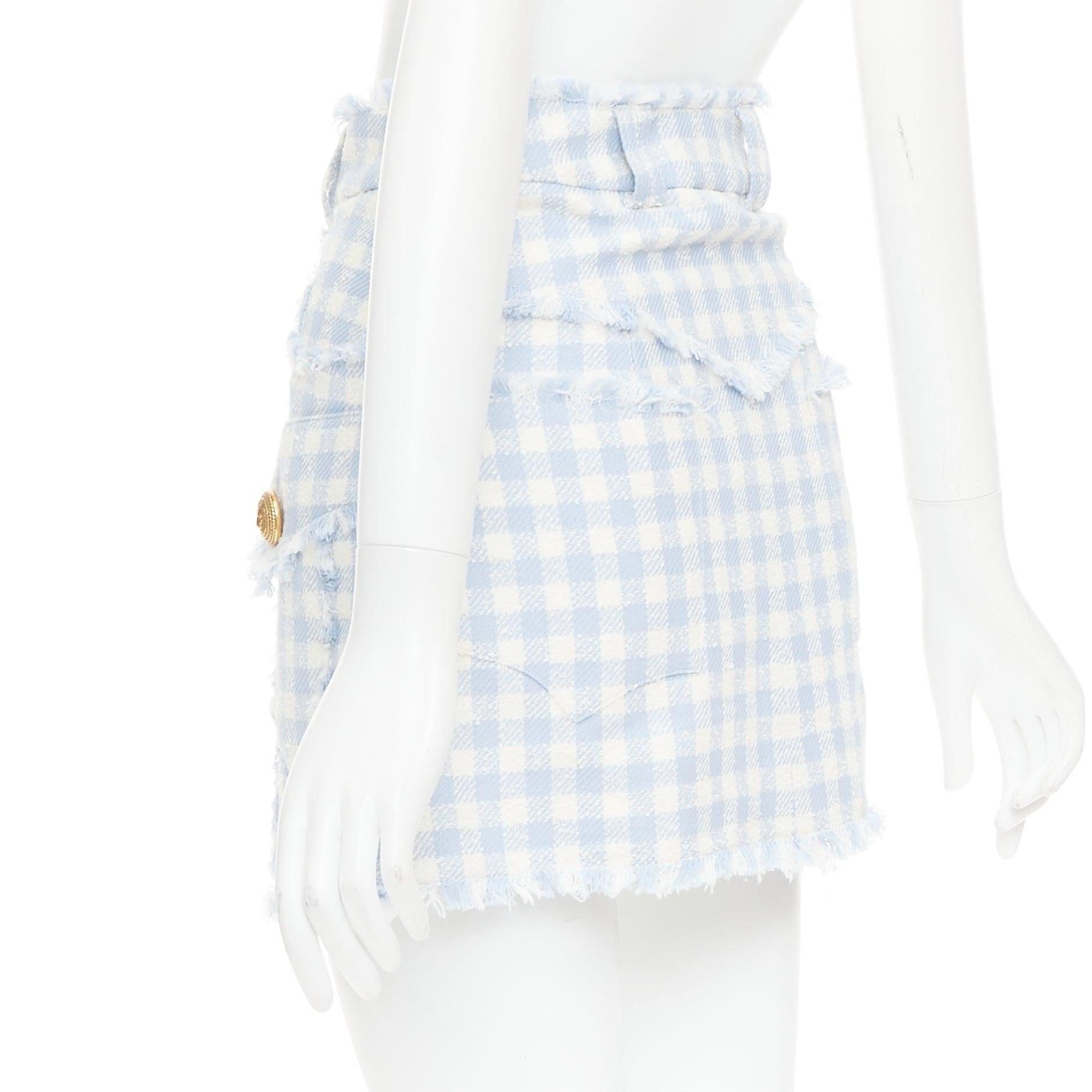 Balmain gonna cargo in tweed di cotone a quadri bianchi e azzurri FR34 XS in vendita 1