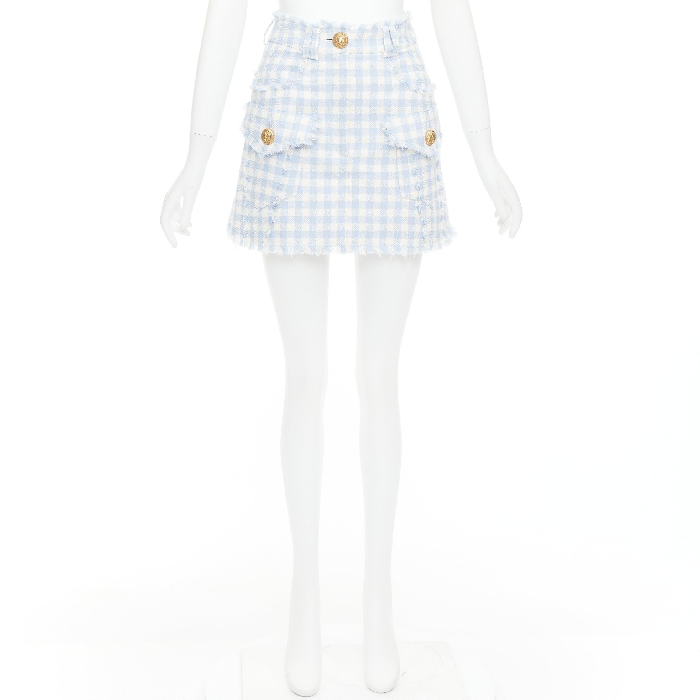 Balmain gonna cargo in tweed di cotone a quadri bianchi e azzurri FR34 XS in vendita 4