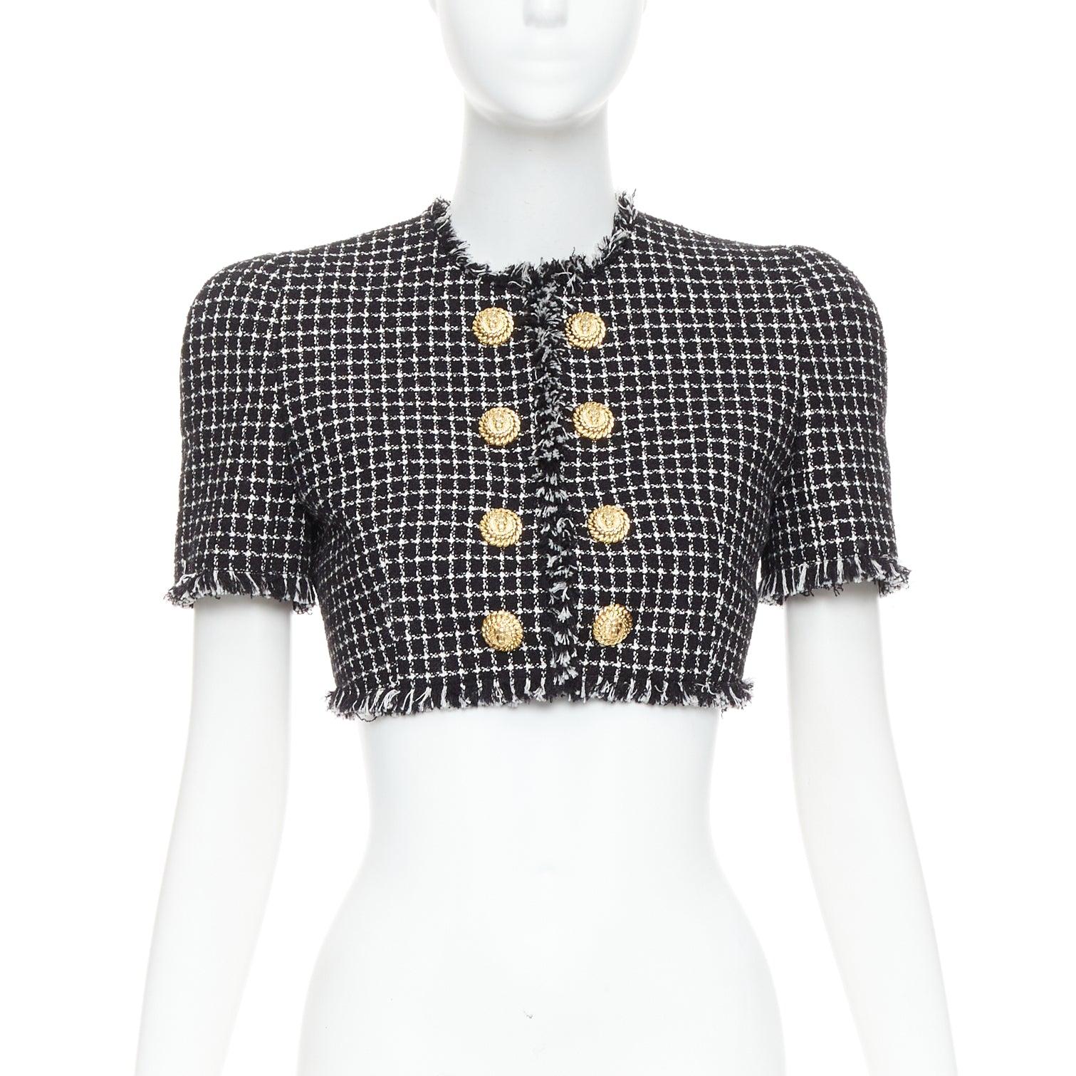 Grigio Balmain 2024 giacca cropped in tweed bianco nero con bottoni a testa di leone FR34 XS in vendita