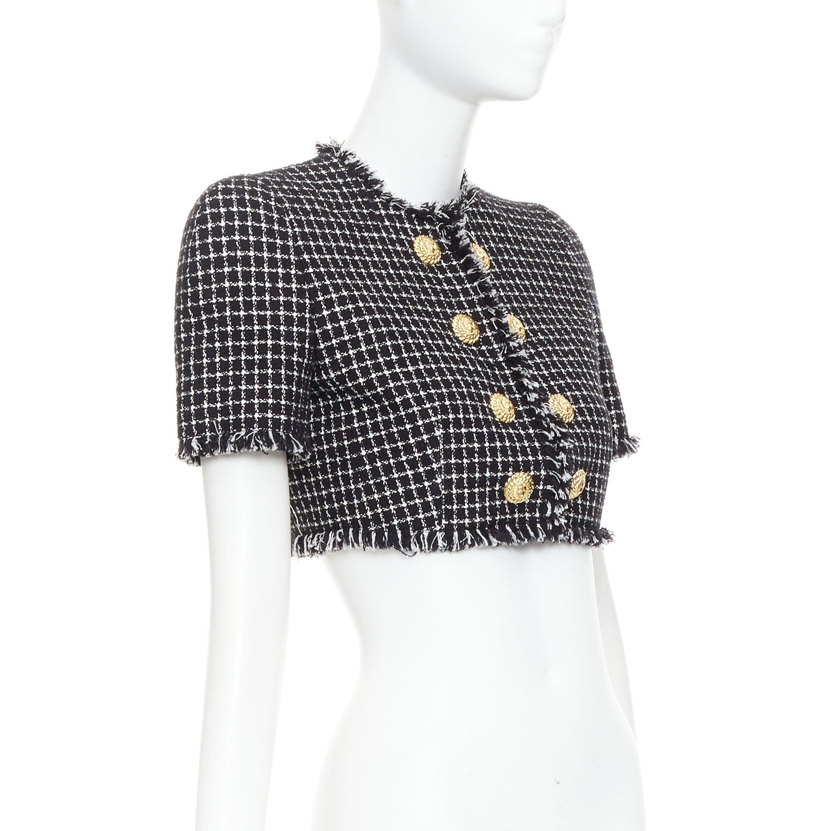 Balmain 2024 giacca cropped in tweed bianco nero con bottoni a testa di leone FR34 XS In condizioni ottime in vendita a Hong Kong, NT