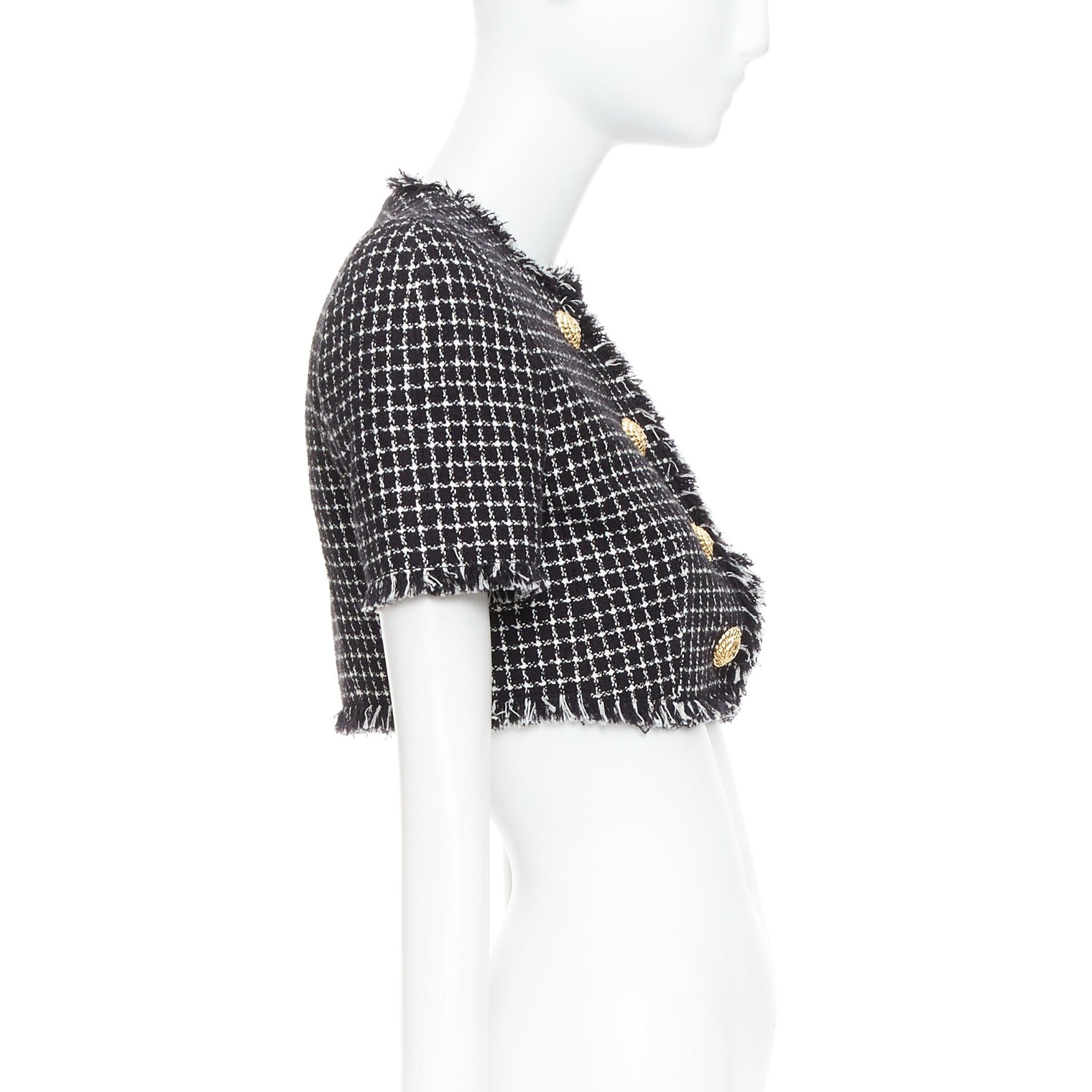 Donna Balmain 2024 giacca cropped in tweed bianco nero con bottoni a testa di leone FR34 XS in vendita