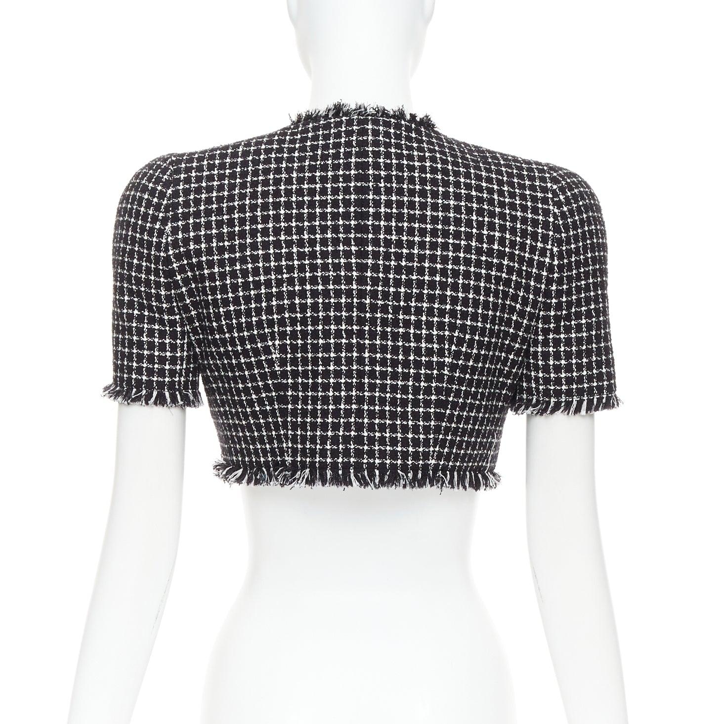 Balmain 2024 giacca cropped in tweed bianco nero con bottoni a testa di leone FR34 XS in vendita 1