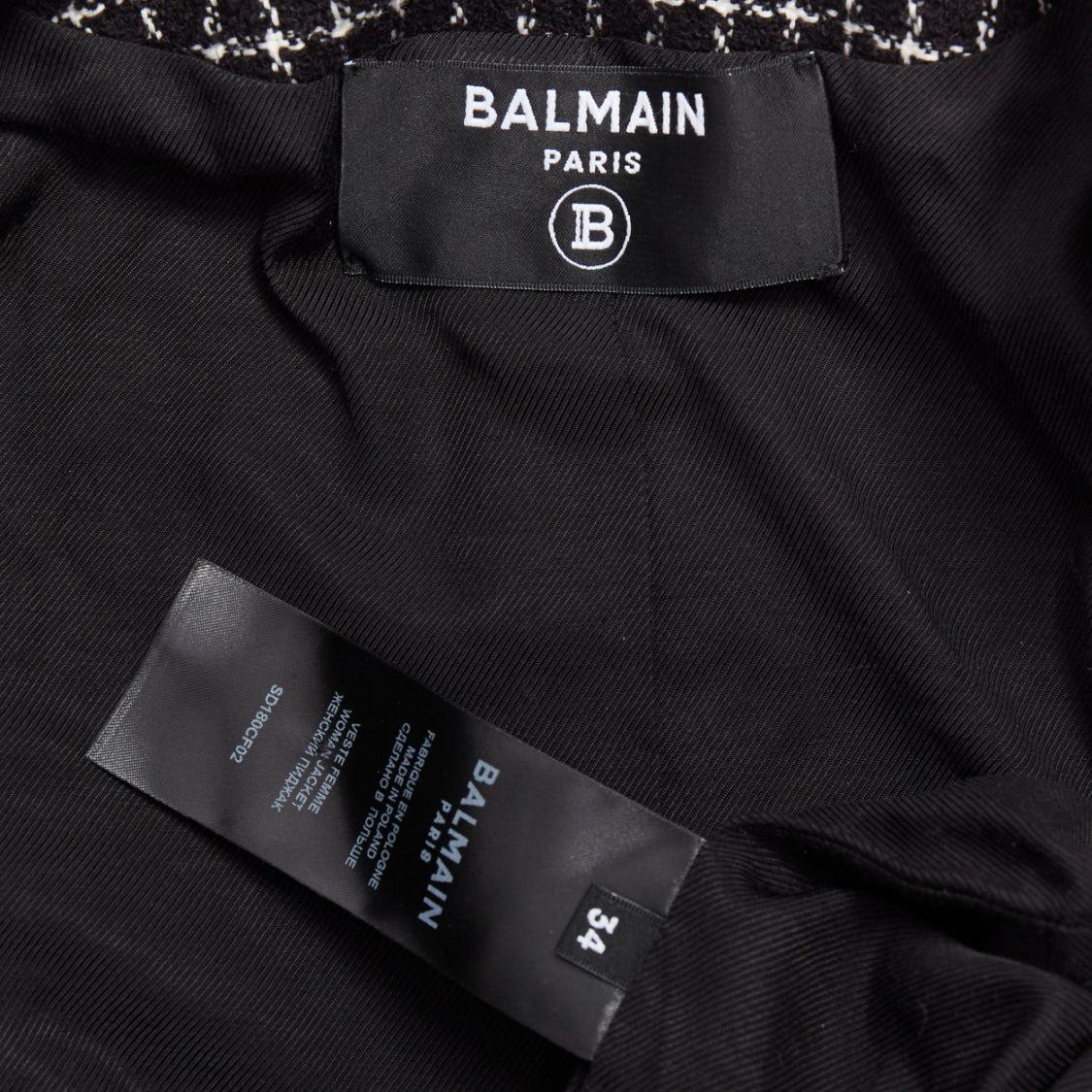 Balmain 2024 giacca cropped in tweed bianco nero con bottoni a testa di leone FR34 XS in vendita 4