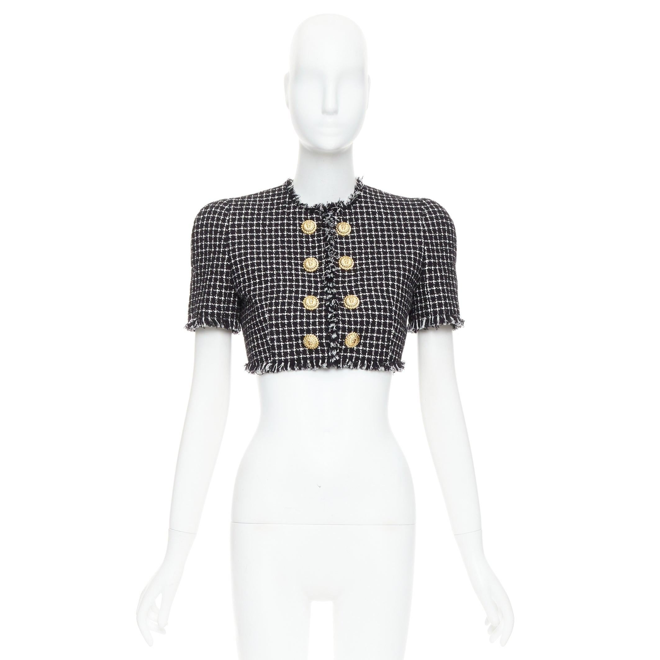 Balmain 2024 giacca cropped in tweed bianco nero con bottoni a testa di leone FR34 XS in vendita 5