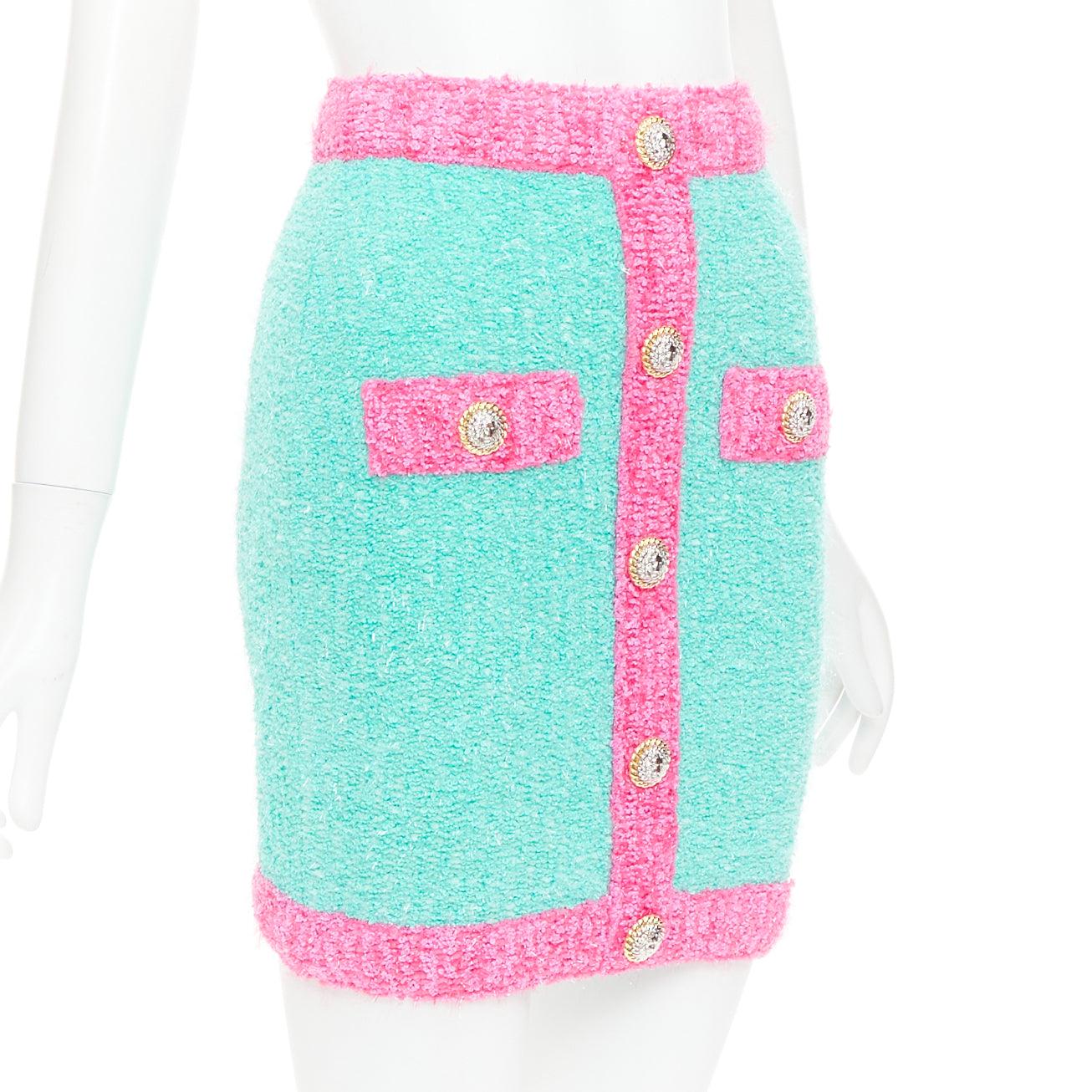 BALMAIN falda boucle adornada con botones turquesa rosa oro FR34 XS Azul en venta
