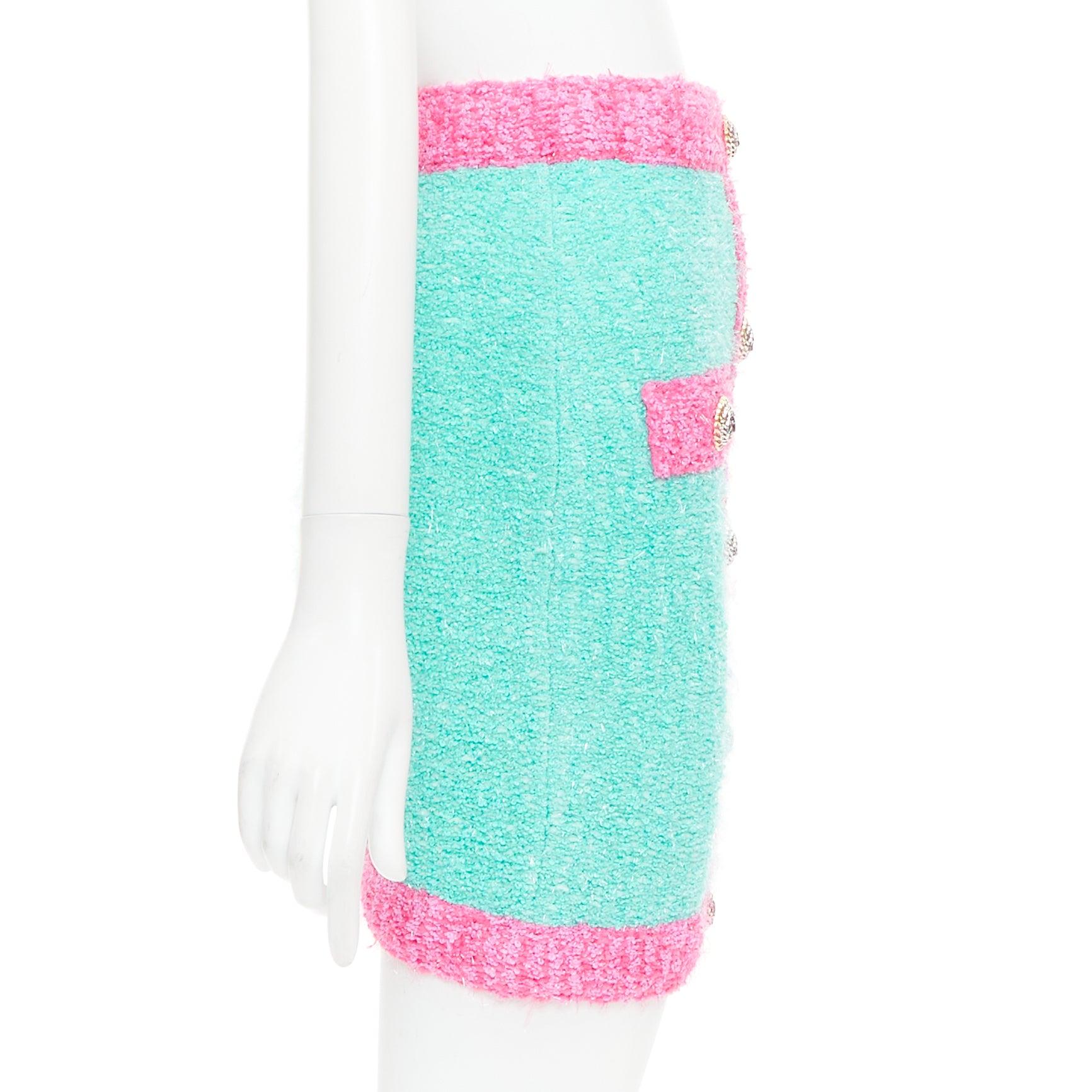 BALMAIN falda boucle adornada con botones turquesa rosa oro FR34 XS en Excelente estado para la venta en Hong Kong, NT
