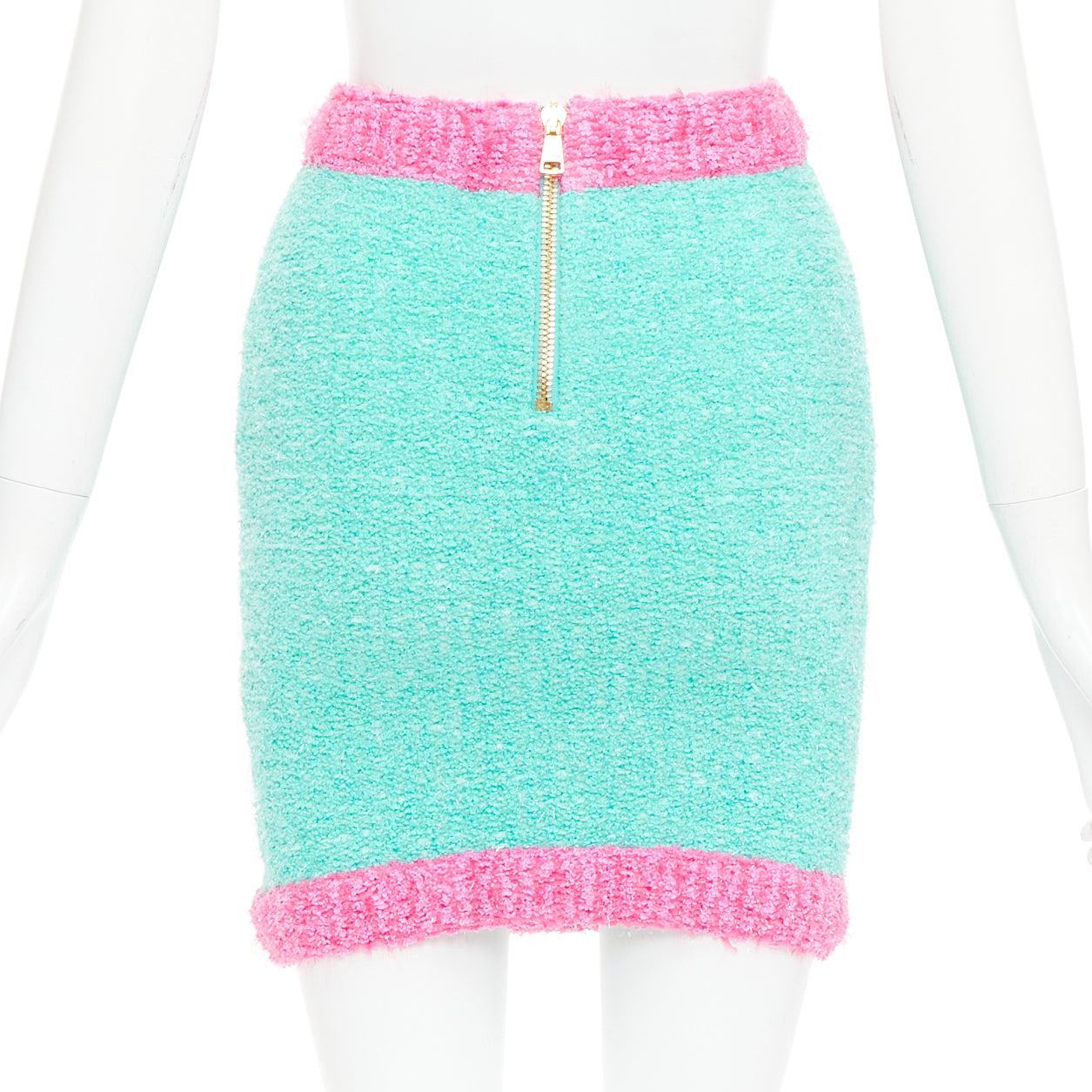 De las mujeres BALMAIN falda boucle adornada con botones turquesa rosa oro FR34 XS en venta