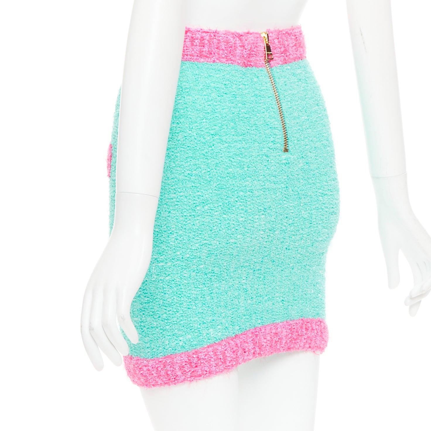 BALMAIN falda boucle adornada con botones turquesa rosa oro FR34 XS en venta 1