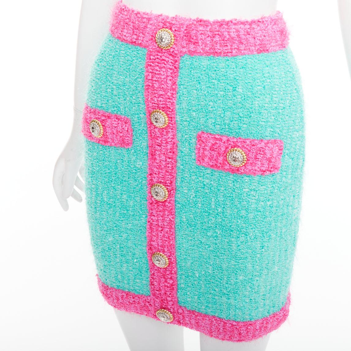 BALMAIN falda boucle adornada con botones turquesa rosa oro FR34 XS en venta 2