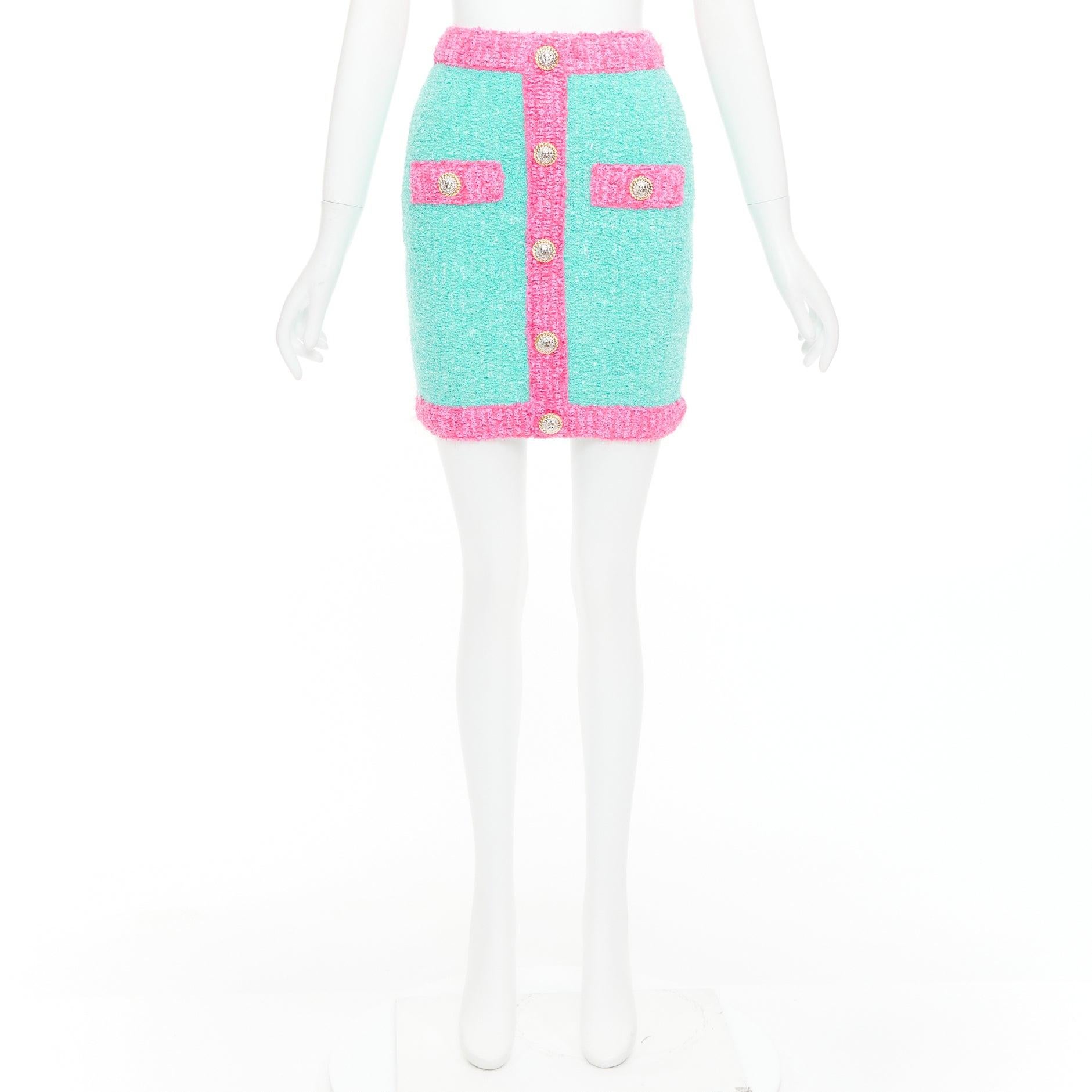 BALMAIN falda boucle adornada con botones turquesa rosa oro FR34 XS en venta 4