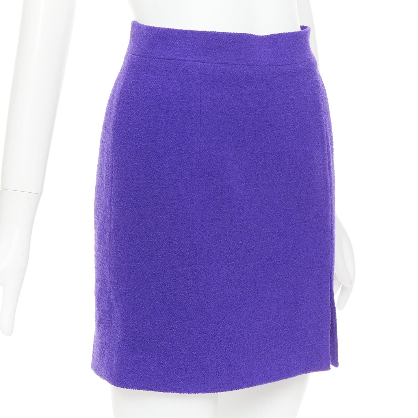 Viola Alessandra Rich, minigonna in lana vergine viola reale con spacco frontale IT38 XS in vendita