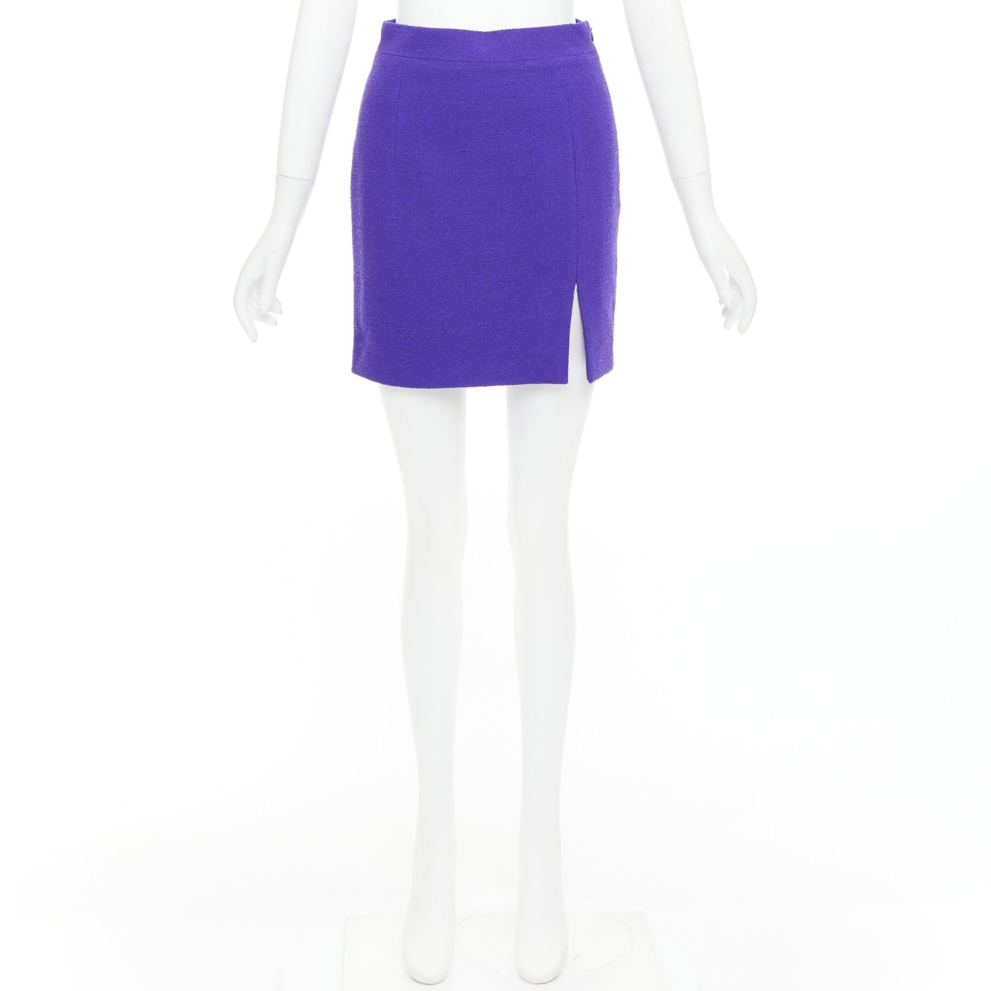 Alessandra Rich, minigonna in lana vergine viola reale con spacco frontale IT38 XS in vendita 4