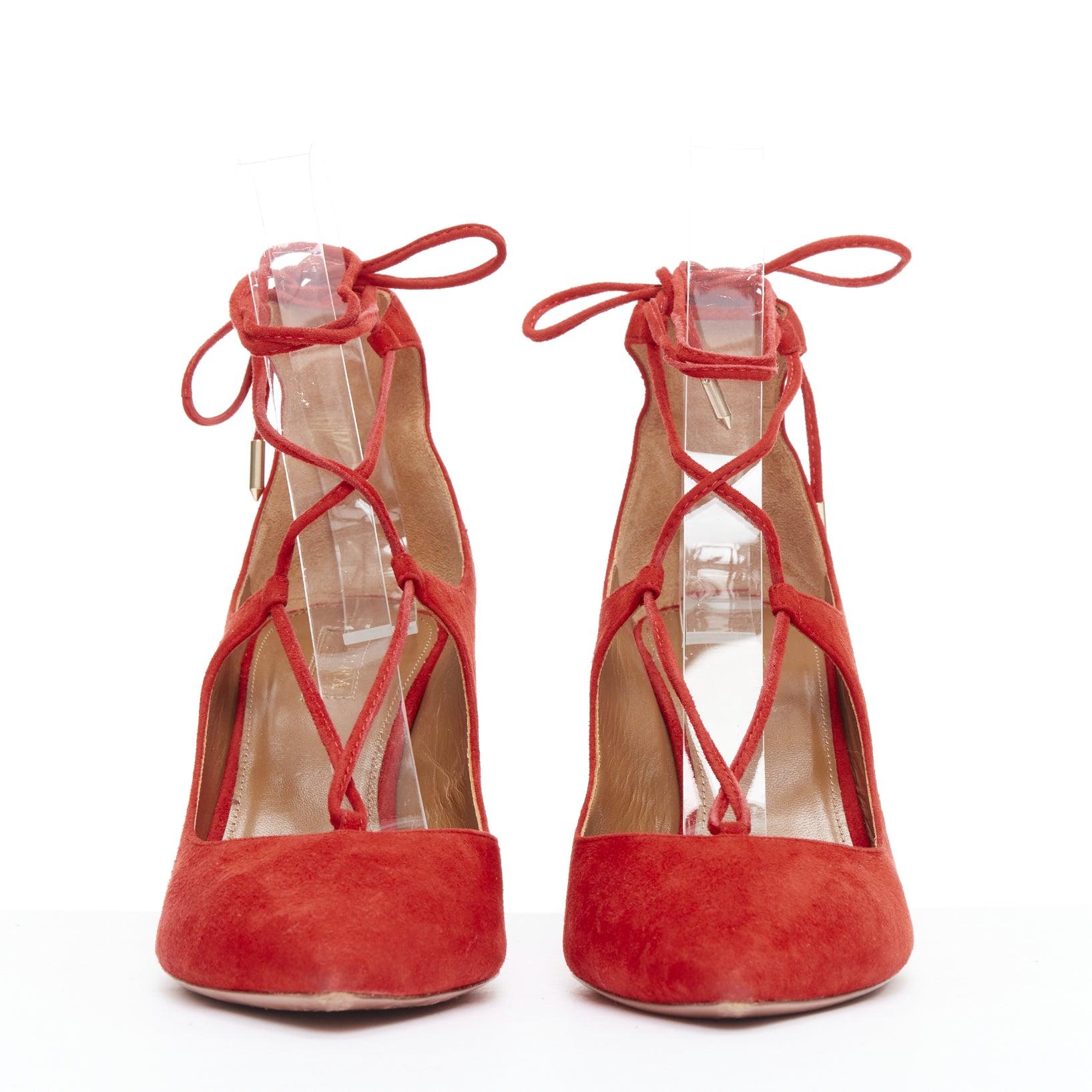 Rouge AQUAZZURA Christy 75 - Escarpins du milieu en daim rouge à lacets EU39,5 en vente