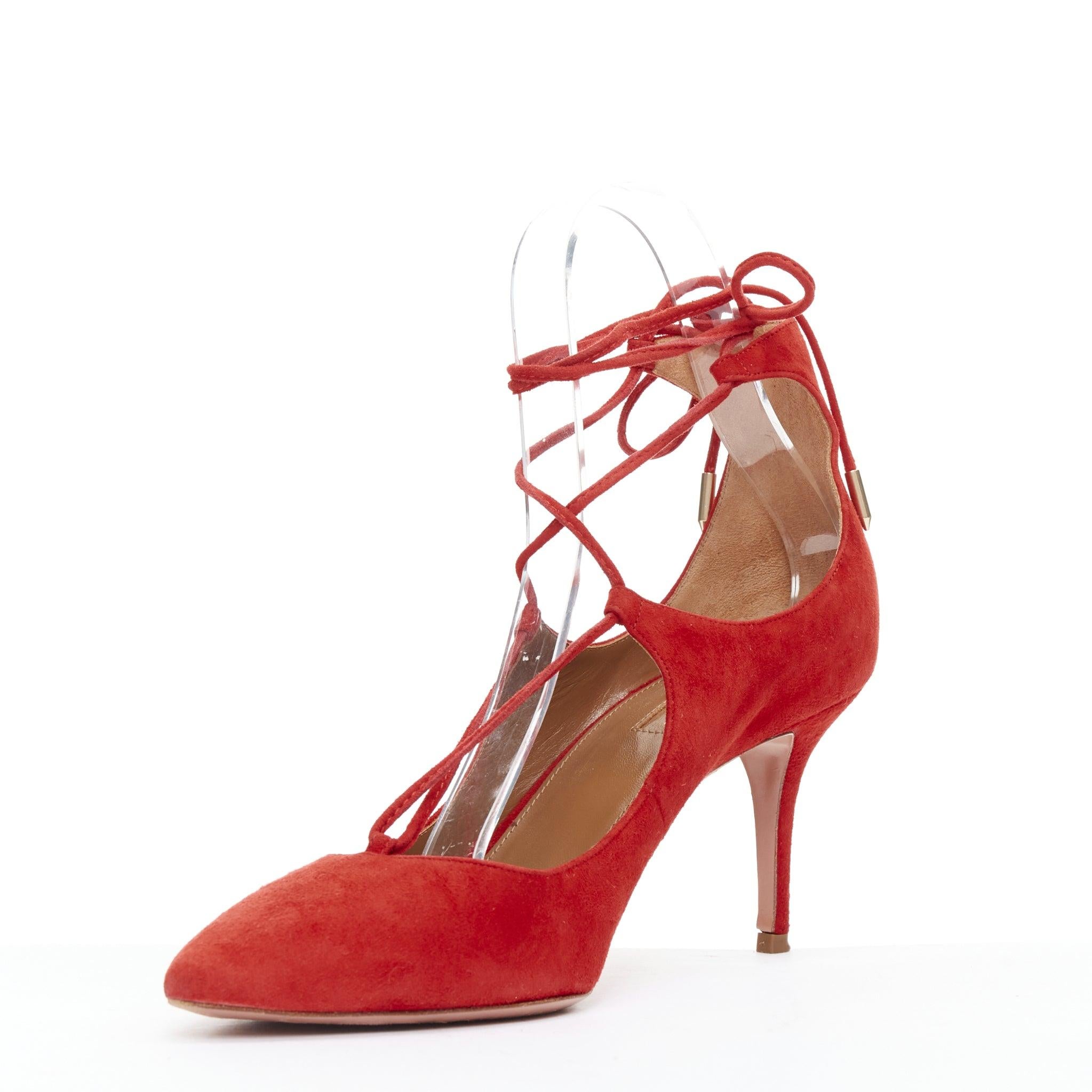AQUAZZURA Christy 75 - Escarpins du milieu en daim rouge à lacets EU39,5 Excellent état - En vente à Hong Kong, NT