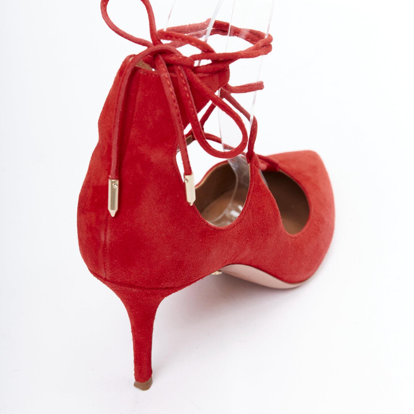 AQUAZZURA Christy 75 - Escarpins du milieu en daim rouge à lacets EU39,5 en vente 3