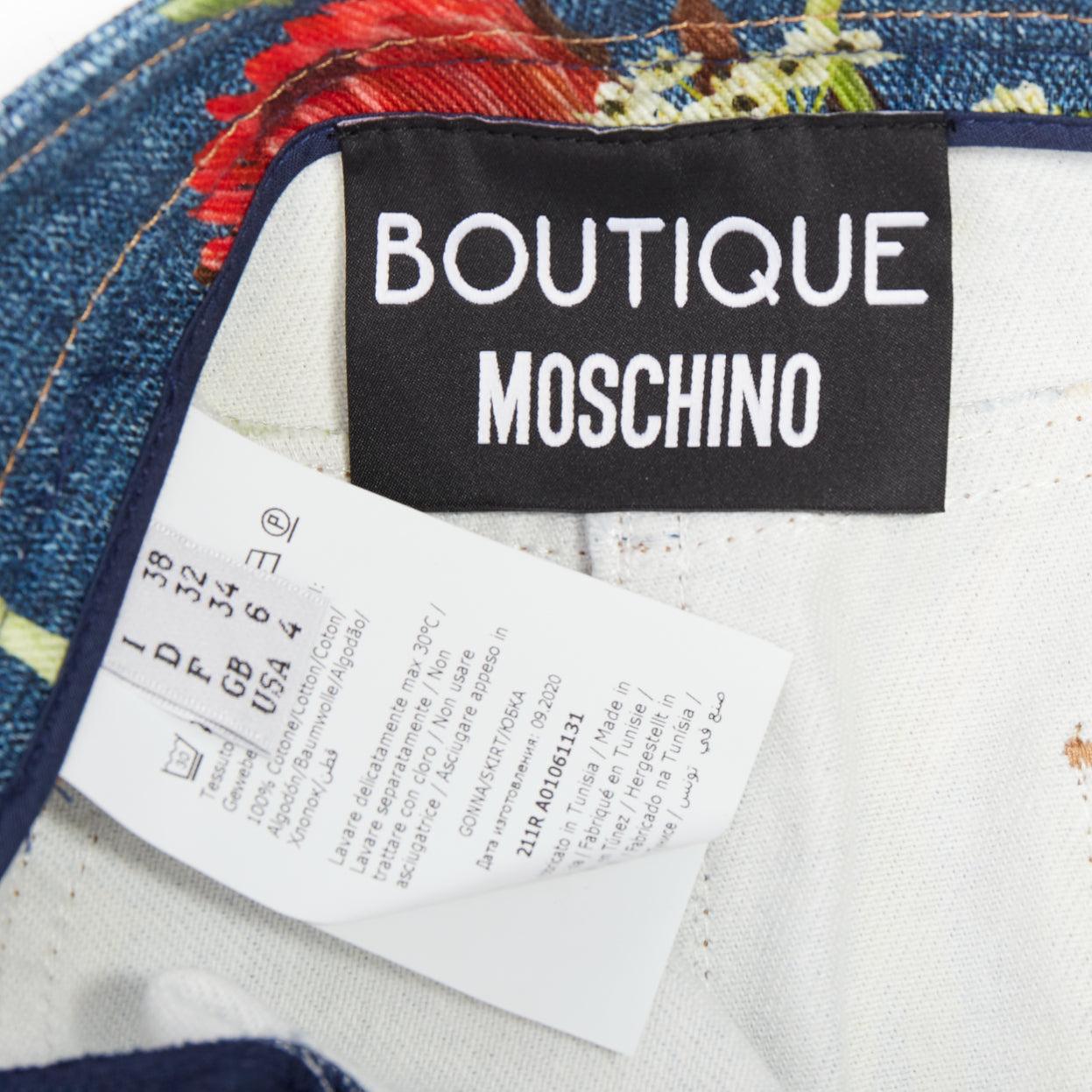 MOSCHINO BOUTIQUE minifalda vaquera de algodón con estampado floral azul IT38 XS en venta 3