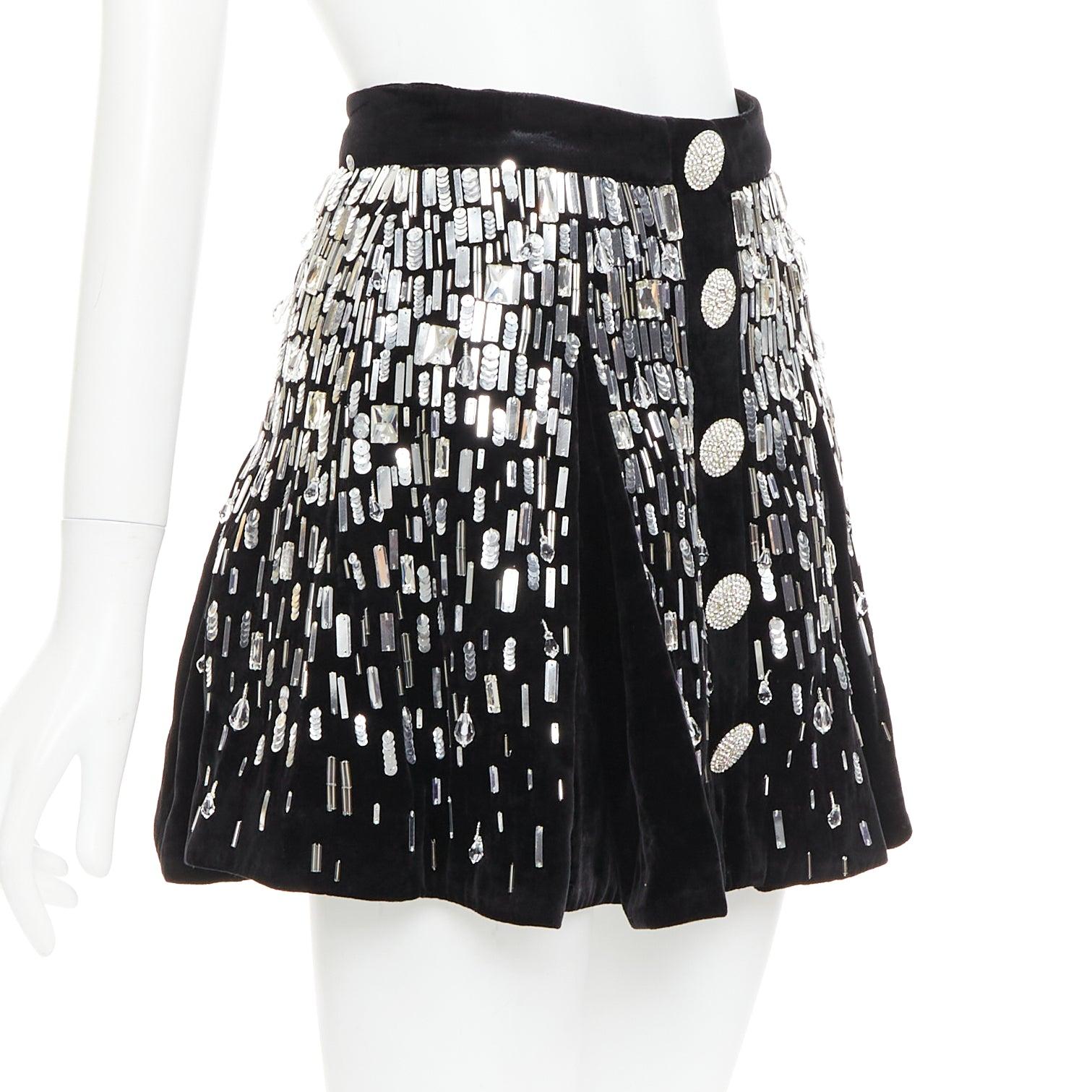 Nero Balmain Skater impreziosito nero argento perline paillettes flare mini gonna FR34 XS in vendita