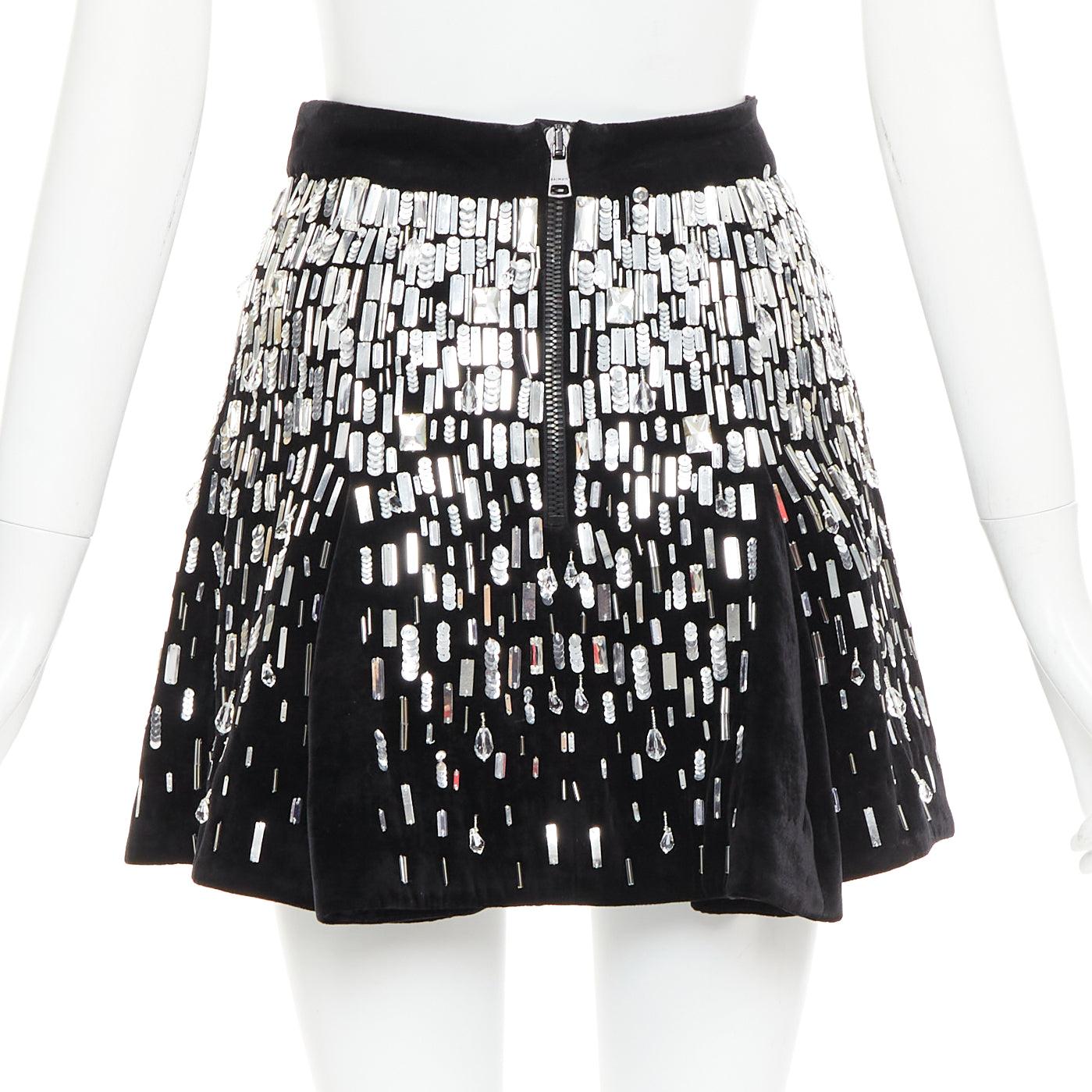 Donna Balmain Skater impreziosito nero argento perline paillettes flare mini gonna FR34 XS in vendita